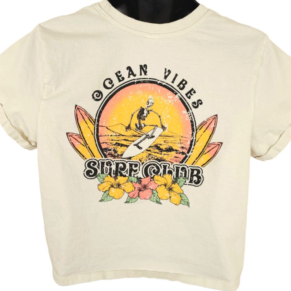 Vintage Vibe 'N Surf Club Crop Top T Shirt Womens Size Large Ivory Ocean Vibes Surfer Skeleton Size L / US 10 / IT 46 - 4 Thumbnail