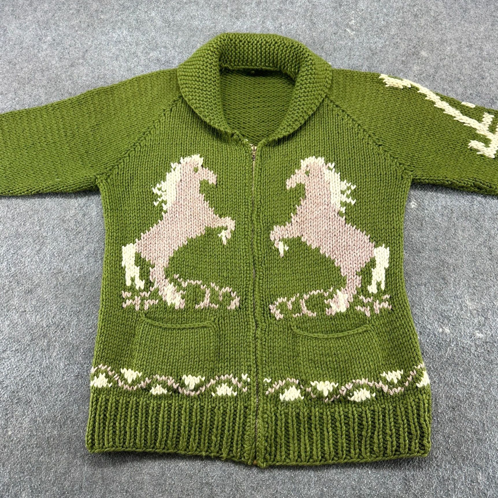 Native VINTAGE Cowichan Sweater Mens XL Green Full Zip Wool Shawl Native Peacewheel 50s Sweater Size US XL / EU 56 / 4 - 3 Thumbnail