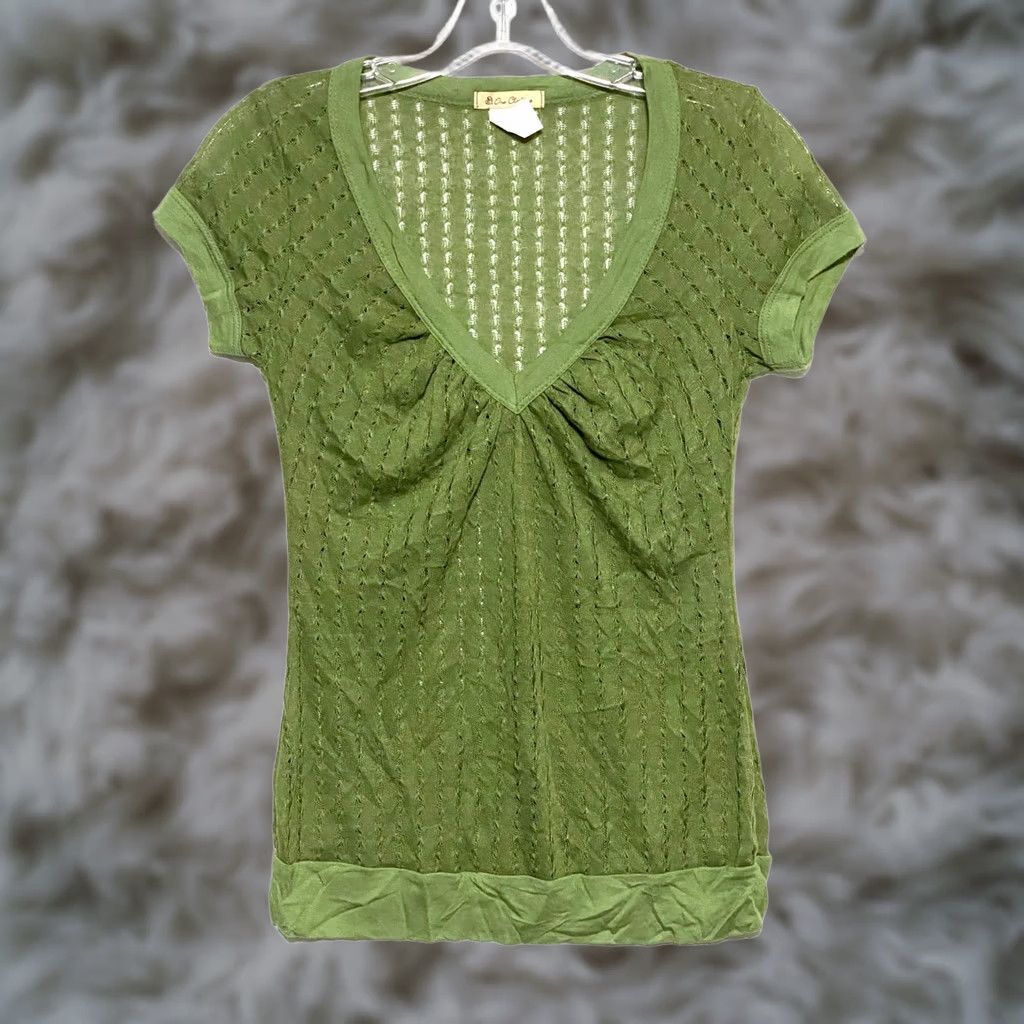 Acme Clothing Green V Neck Ruched Shirt M Open Weave Y2K Goblincore Forest Fairy Boho Grunge Shirt Womens M Green Size M / US 6-8 / IT 42-44 - 1 Thumbnail