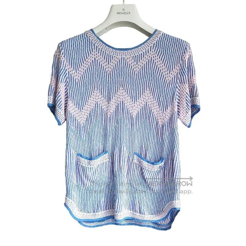 Chanel Summer Blue Striped Cotton Short Sleeve Top .