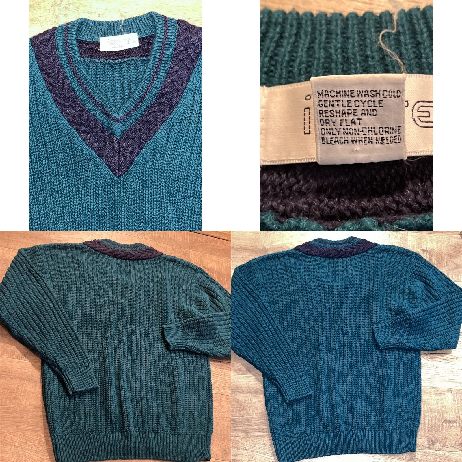 Vintage INSITE Sweater Turquoise Blue Cable Knit Navy Blue Stripe V Neck Preppy Men’s Lg Size US L / EU 52-54 / 3 - 8 Thumbnail