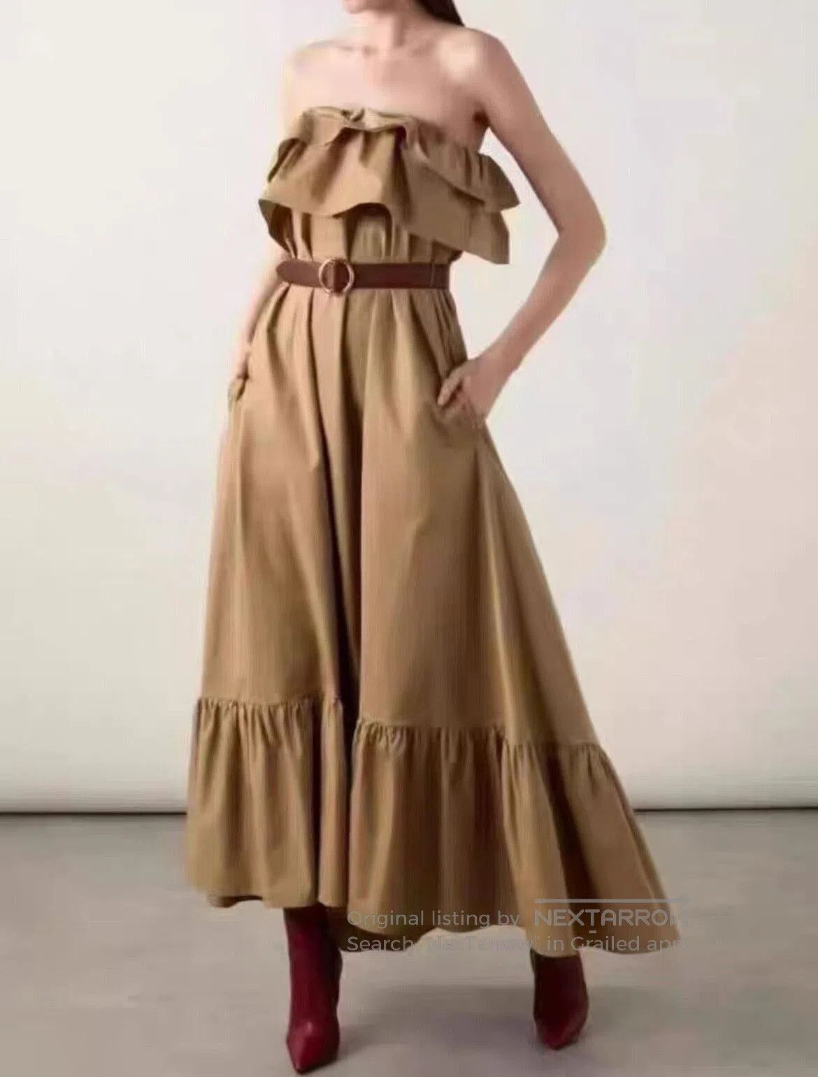 Yves Saint Laurent YSL Beige Ruffle Strapless Cotton Dress. Size XS / US 0-2 / IT 36-38 - 2 Thumbnail