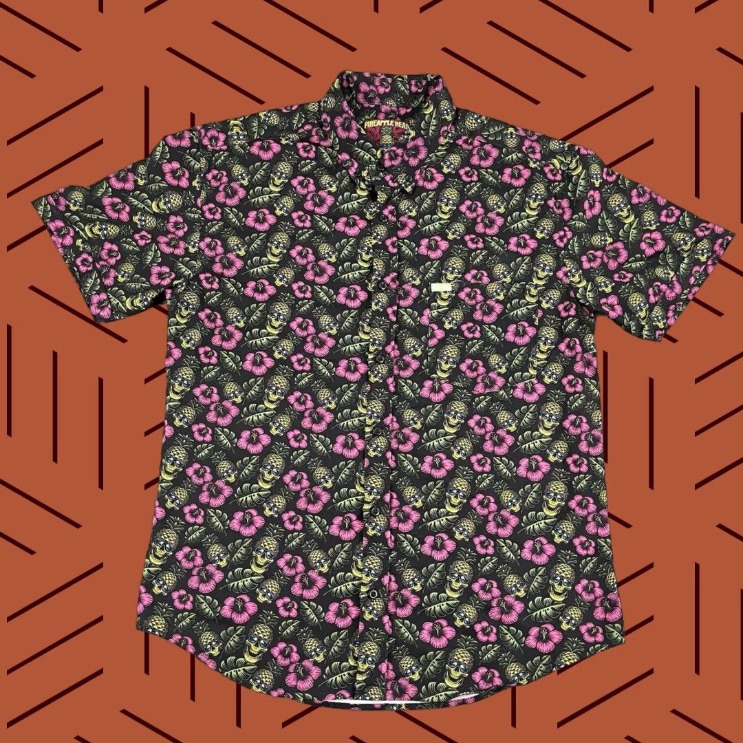 Vintage RAD PALM Shirt Mens Medium Black Pineapple Head Skeleton Stretch Button Down S/S Size US M / EU 48-50 / 2 - 1 Thumbnail
