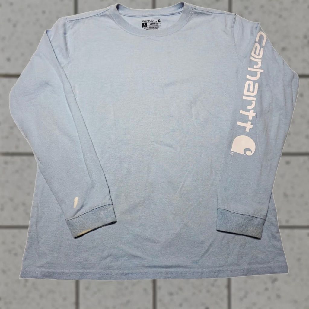 Carhartt Carhartt Women Small Powder Blue Heavyweight Long Sleeve Logo Sleeve Loose Fit T-Shirt Size S / US 4 / IT 40 - 1 Thumbnail