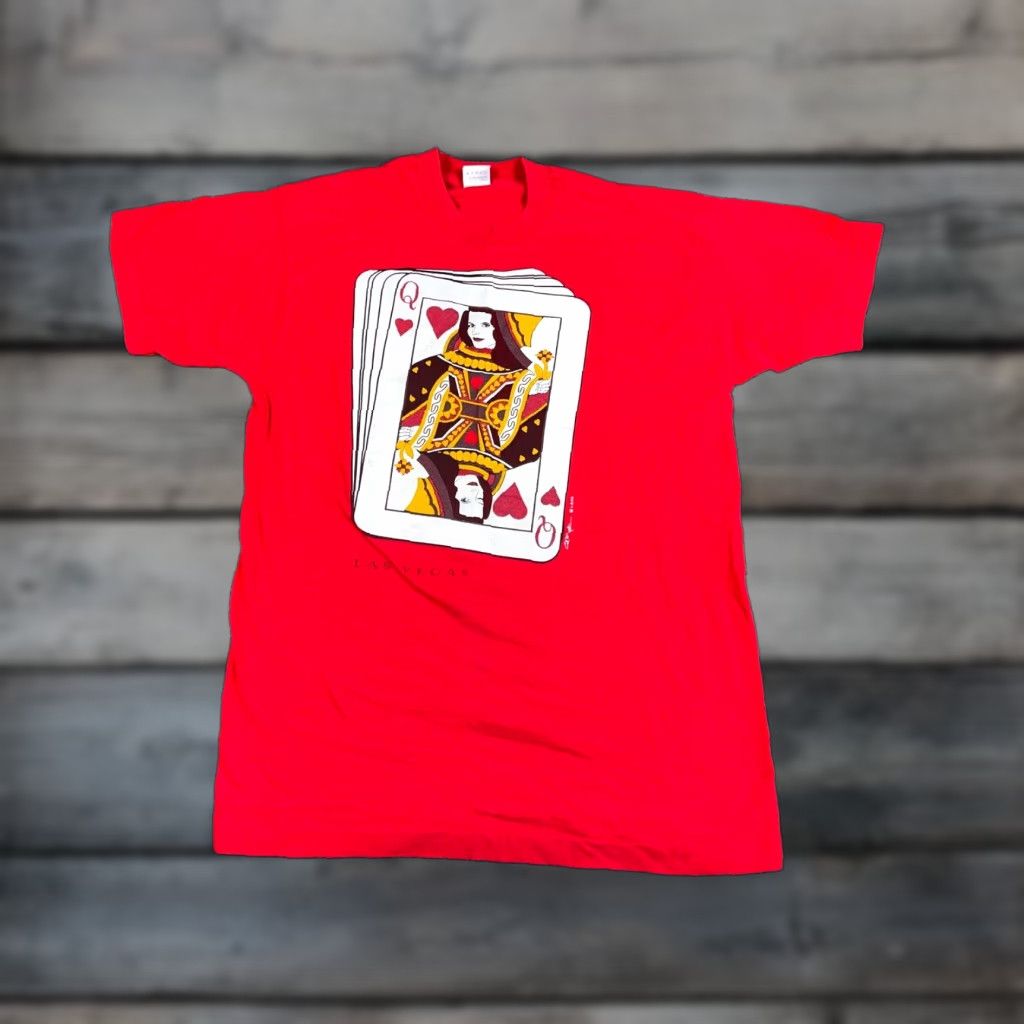 Fruit Of The Loom VINTAGE Las Vegas Queen of Hearts T-Shirt Adult Large Red Cotton 90s City Retro Mens L Size US L / EU 52-54 / 3 - 1 Thumbnail