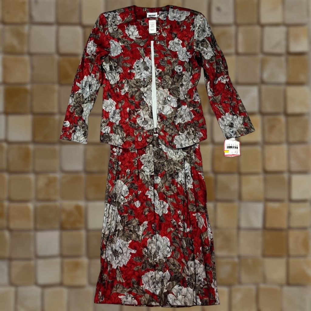 Vintage VINTAGE Leslie Fay Women's Large Floral Suit Skirt Set 2-Piece Pleated Red 80s Retro Party/Cocktail Dress Shirt Size 36" / US 14 / IT 50 - 1 Thumbnail
