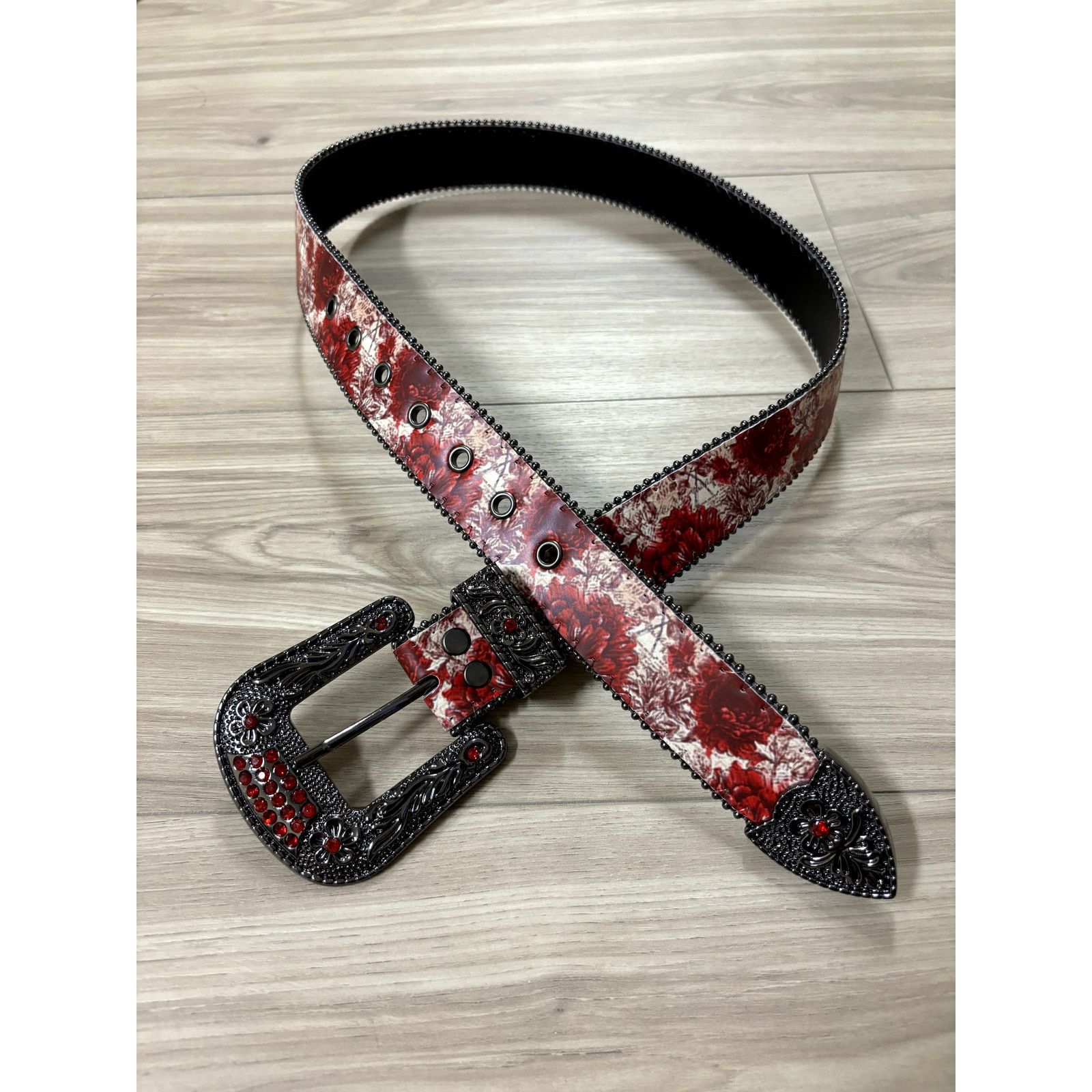 Japanese Brand × Vintage E5 - Ruby Floral Rhinestone Belt Size 30 - 2 Thumbnail