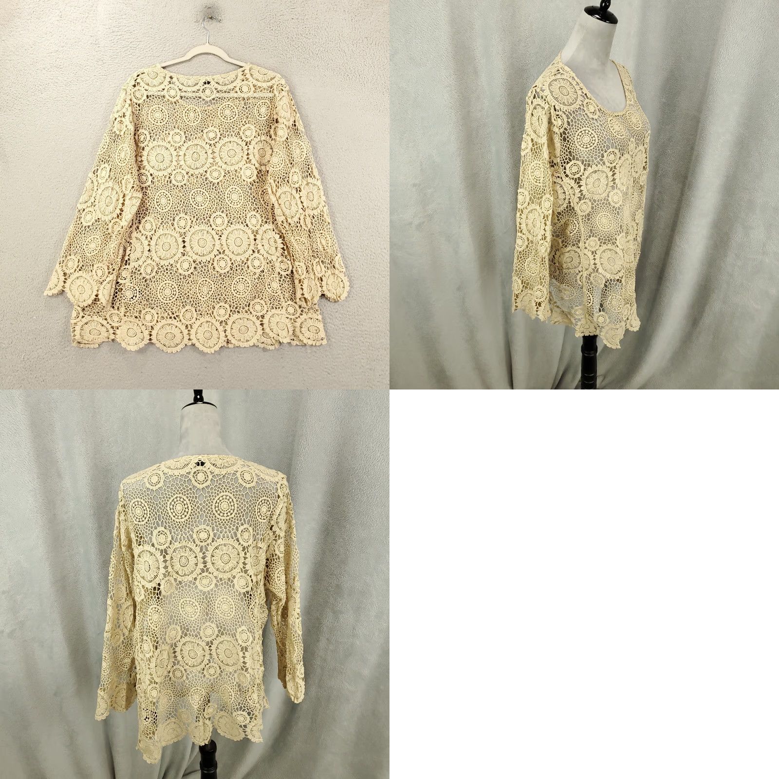 Vintage Calessa Blouse Womens L Ivory Open Lace Sheer Scalloped Hem Pullover Boho Shirt Tunic Casual Size L / US 10 / IT 46 - 8 Thumbnail