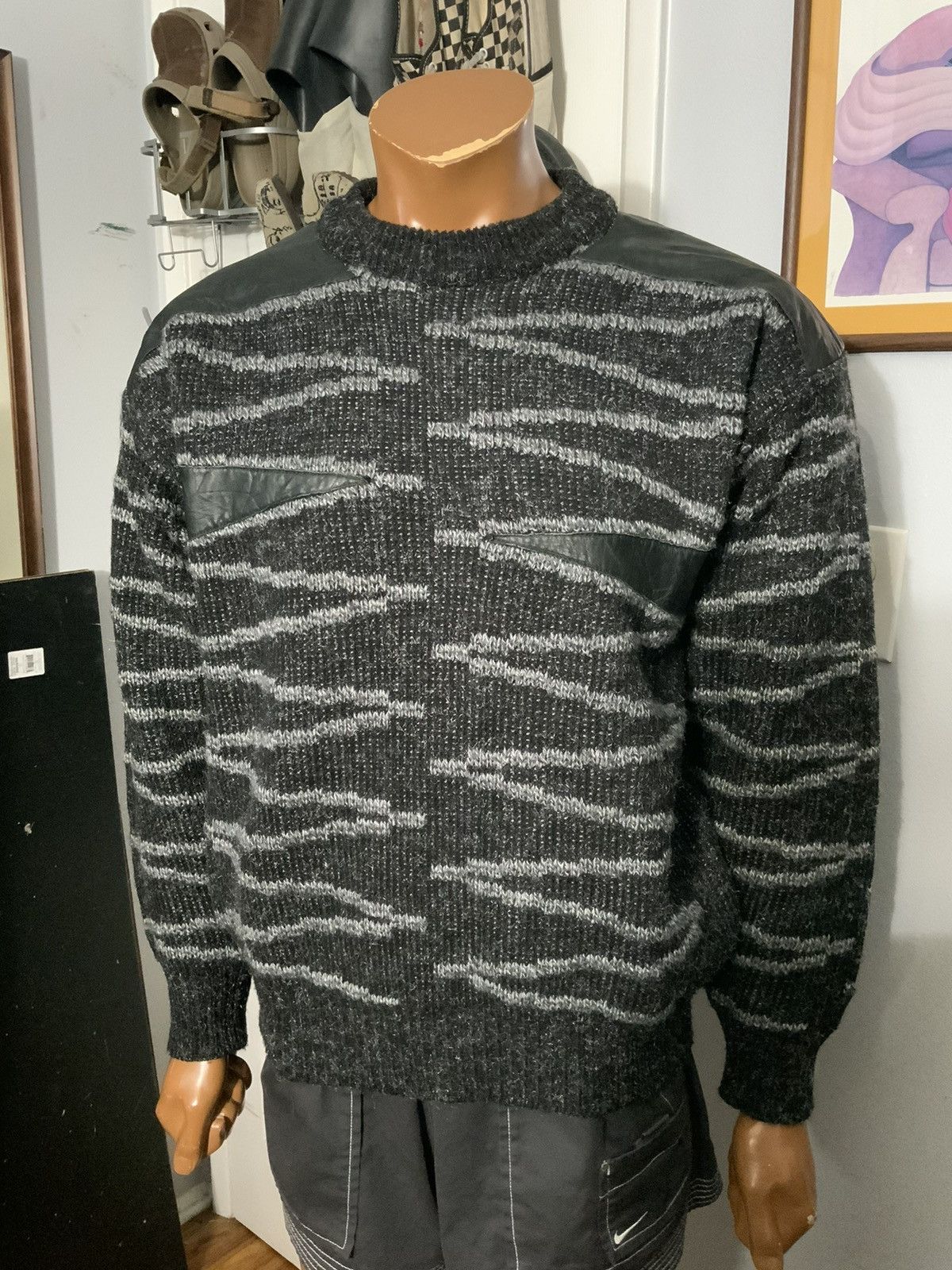 Vintage 80s Mark Elliot Wool Leather Trim Knit Crewneck Sweater Size US M / EU 48-50 / 2 - 7 Thumbnail