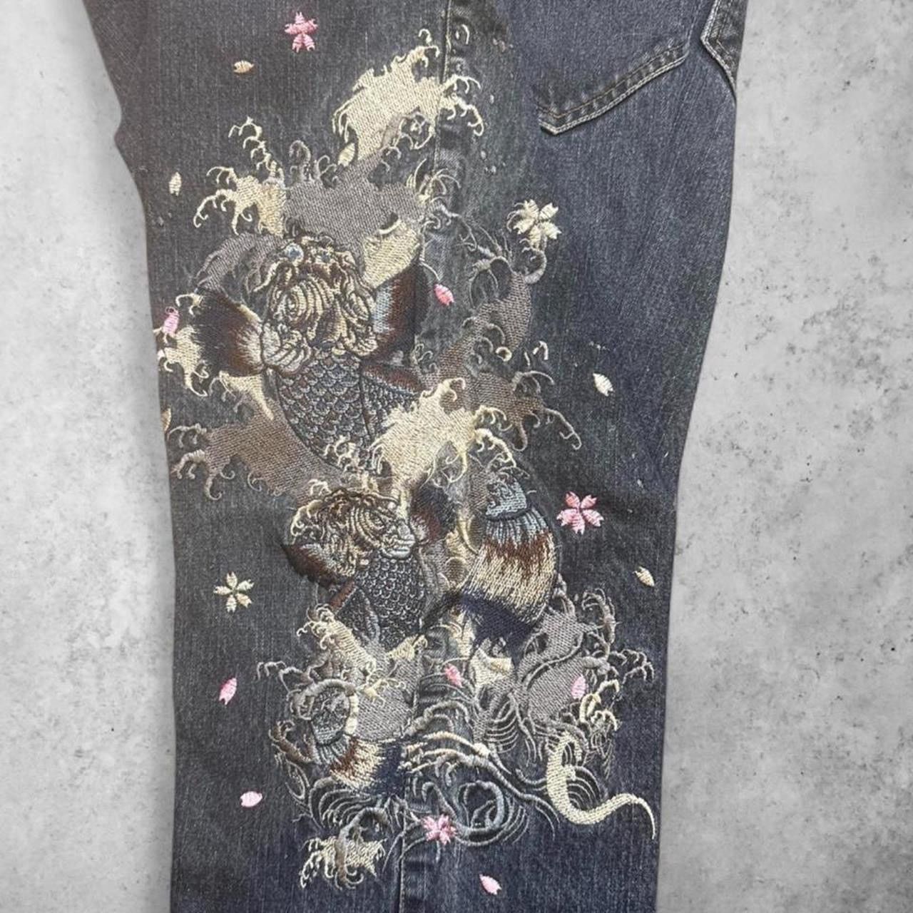 Other Y2K GUMU Koi Fish Embroidered Dark Wash Straight Leather pkt Size US 34 / EU 50 - 3 Thumbnail