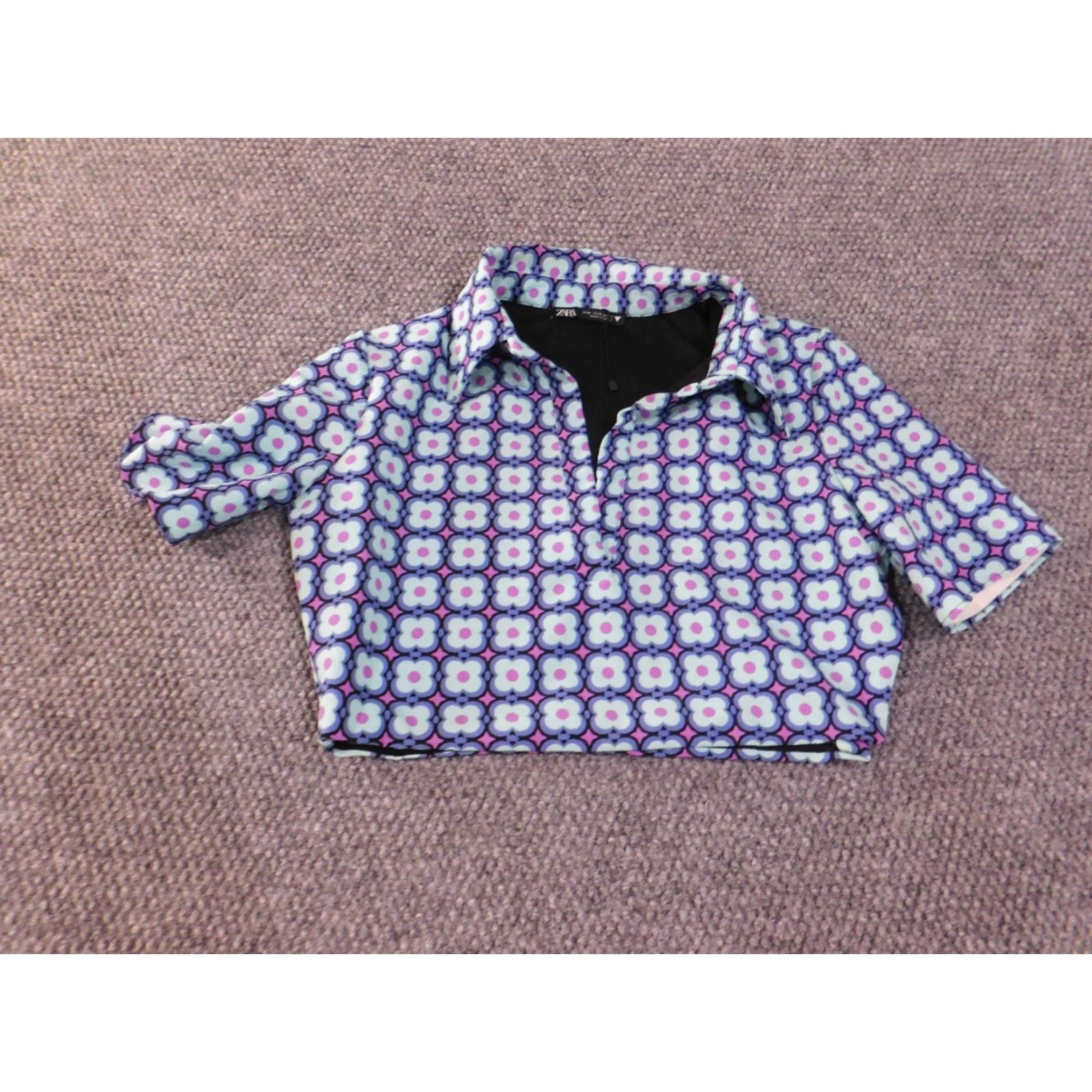 Zara Zara Women Tops M Purple Geometric Collar Polyester Pullover Short Sleeve Blouse Modern Casual Adult Womens Regular Machine Washable Size M / US 6-8 / IT 42-44 - 3 Thumbnail