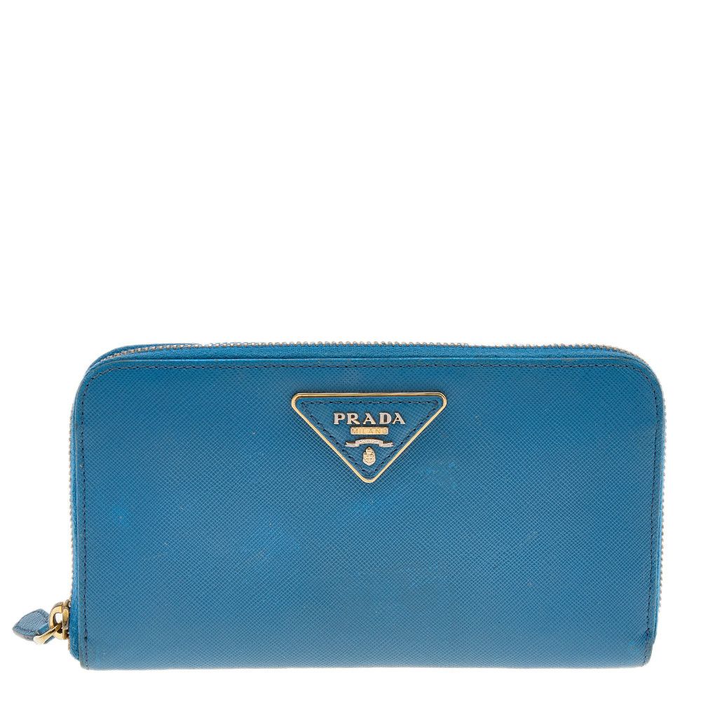 image of Prada Blue Saffiano Leather Zip Around Wallet in Black, Women's