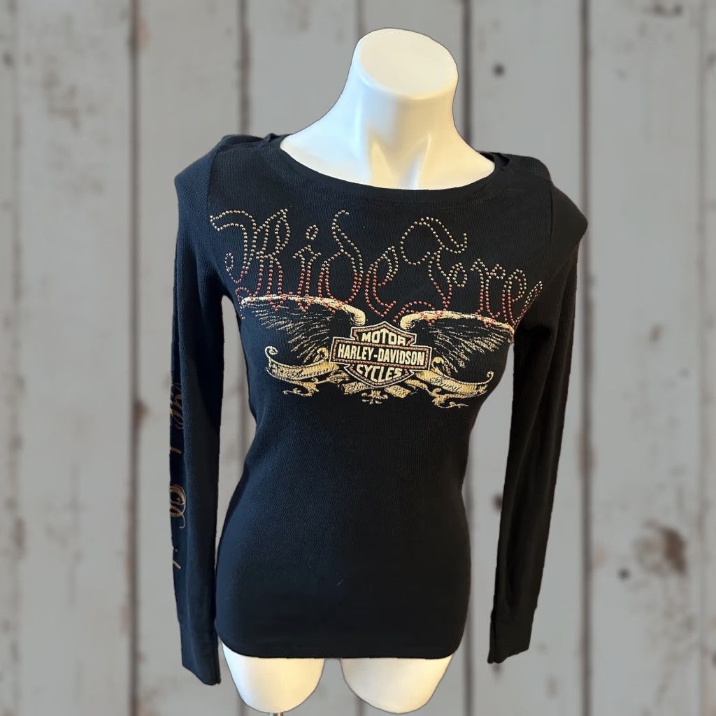 Harley Davidson Harley-Davidson T-Shirt Womens Small Long Sleeve Pullover Bling Logo Multicolor 100% Cotton Casual Basic Motorcycle Size S / US 4 / IT 40 - 1 Thumbnail