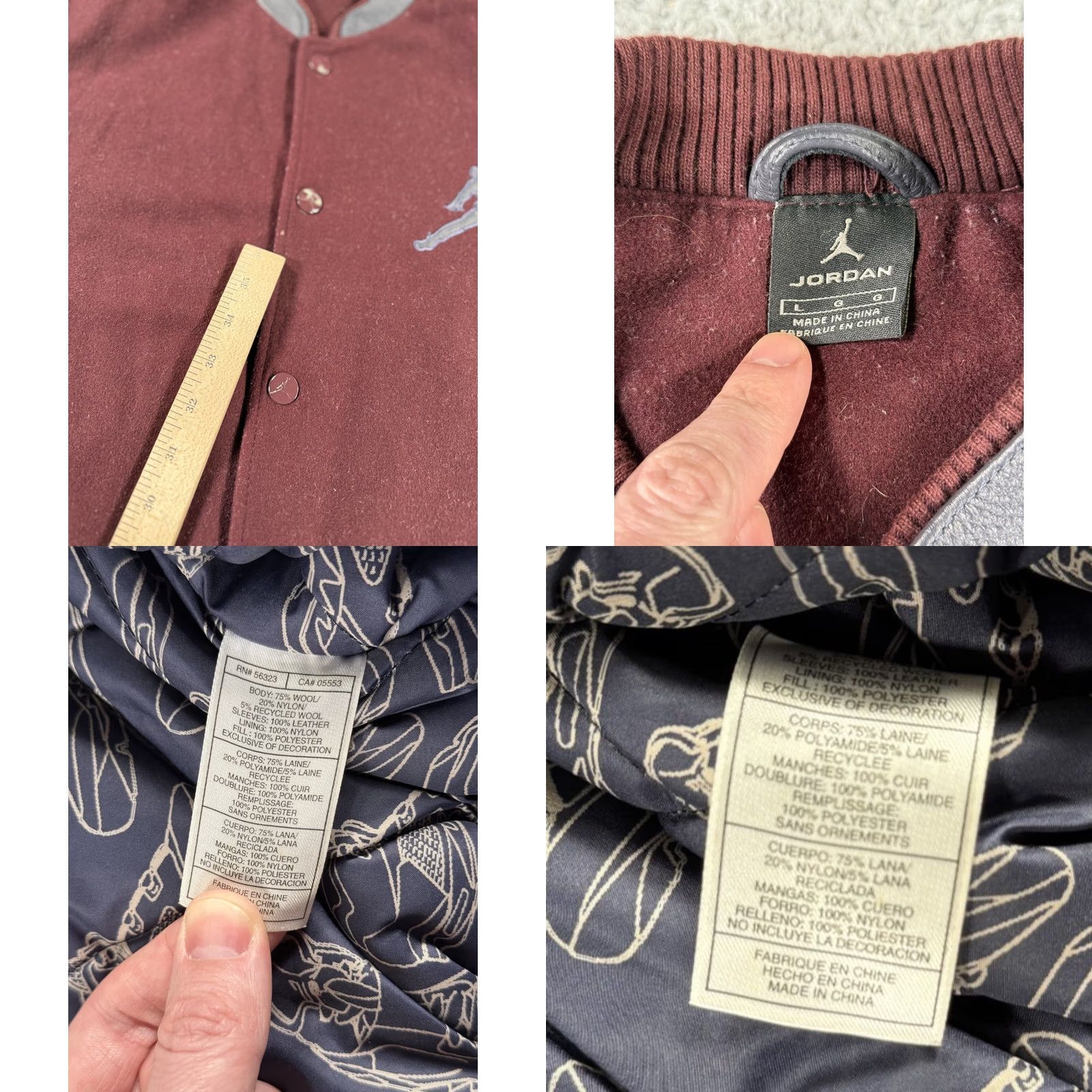 Jordan Brand VINTAGE Jordan Flight Varsity Jacket Mens Large Burgundy Charcoal Jumpman Wool Leather Size US L / EU 52-54 / 3 - 10 Thumbnail