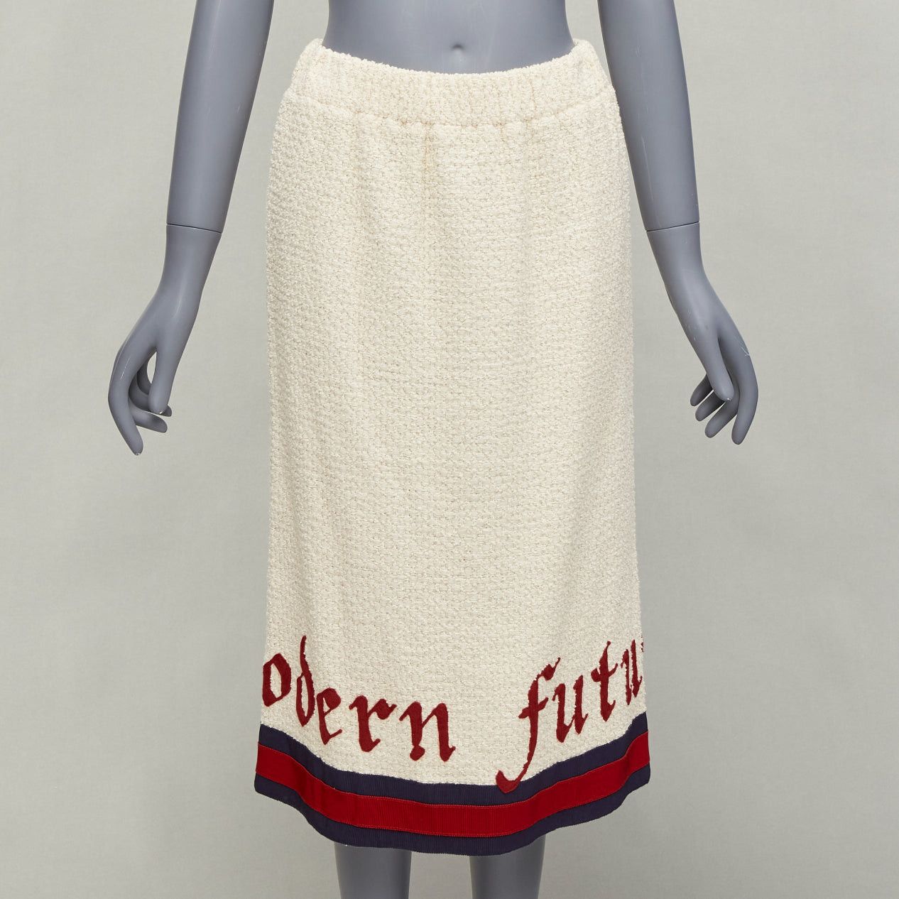 Gucci GUCCI 2016 Modern Future cream cotton boucle webbing trim midi skirt IT42 M Size 28" / US 6 / IT 42 - 1 Thumbnail