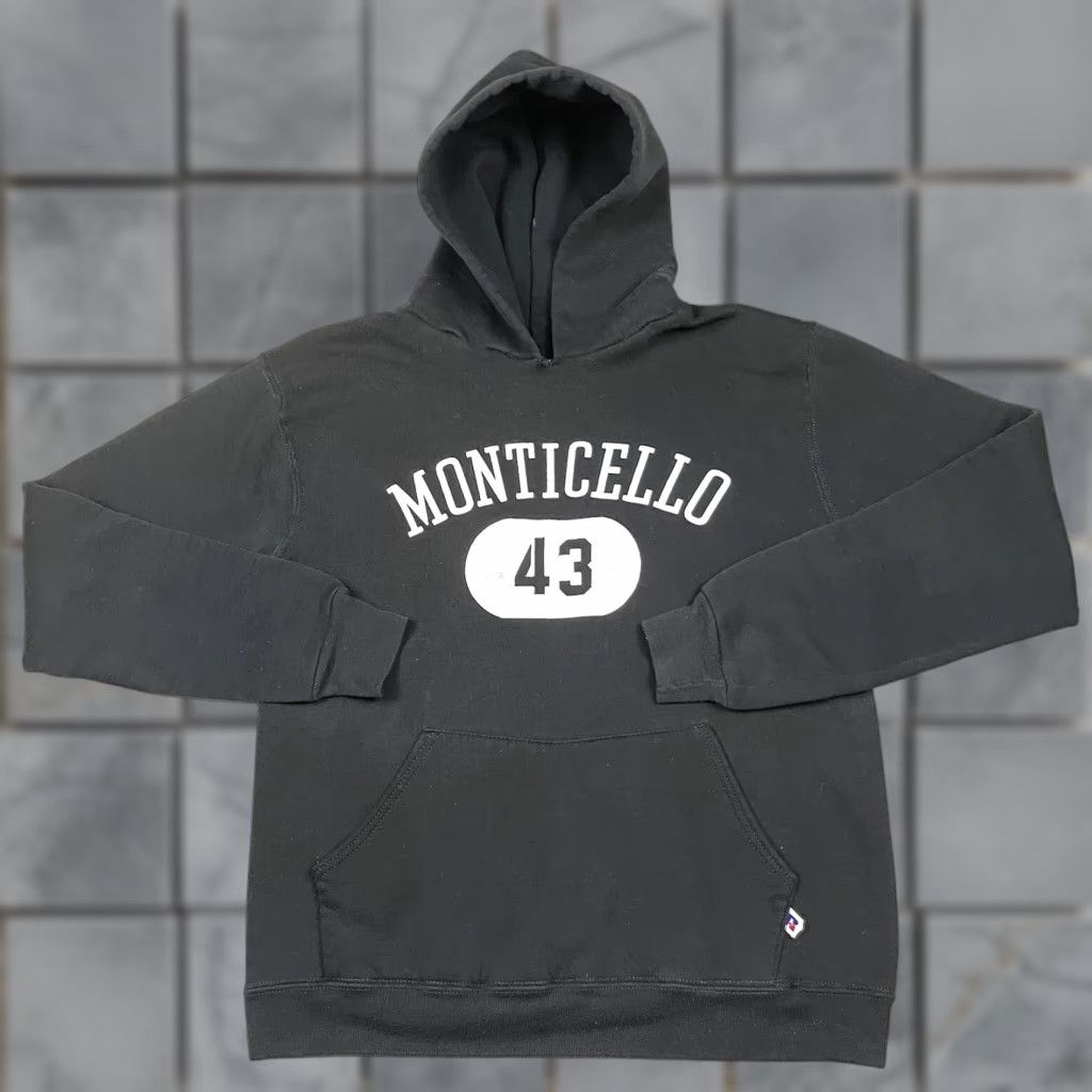 VINTAGE Russell Athletic Hoodie Mens Black Sweatshirt Adult M 80s Monticello College Uni Fraternity 1980s 90s Men