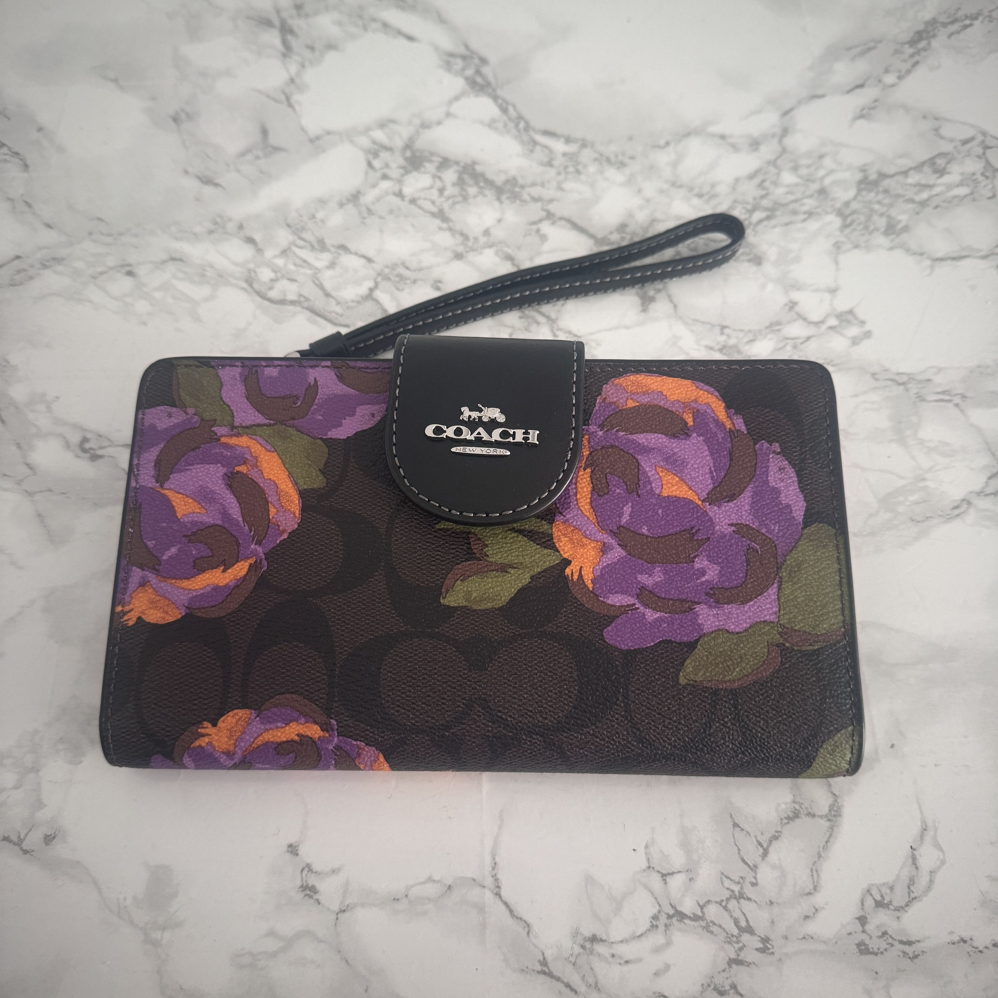 coach Phone Wallet In Signature Canvas With Rose Print