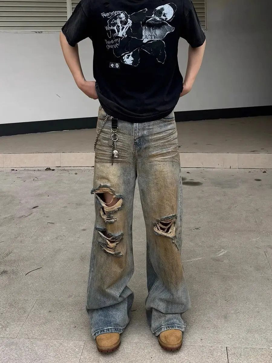 Japanese Brand Retro loose straight leg washed ripped jeans Size US 32 / EU 48 - 5 Thumbnail