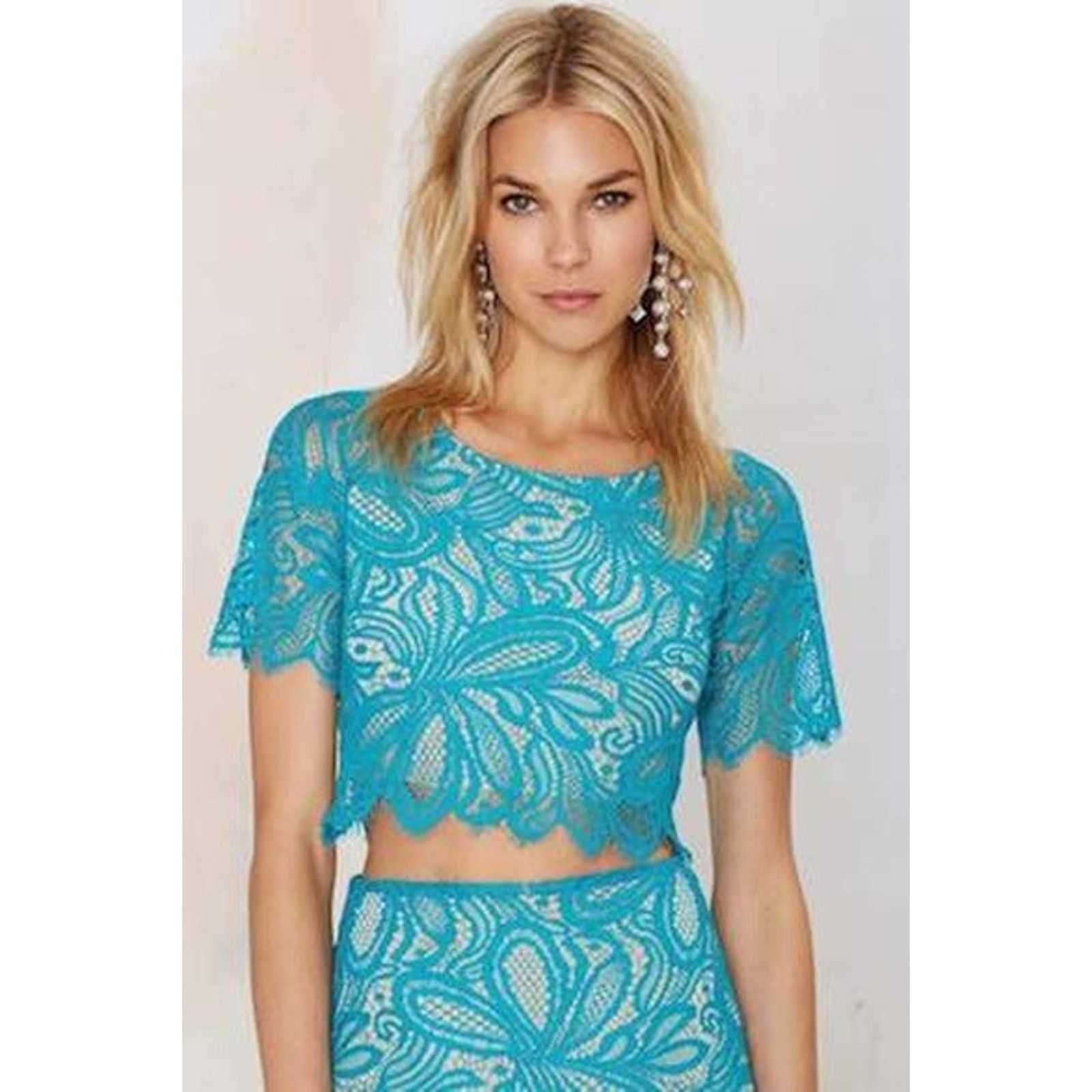 Nasty Gal For Love and Lemons Teal Lace Top Skirt Set Small