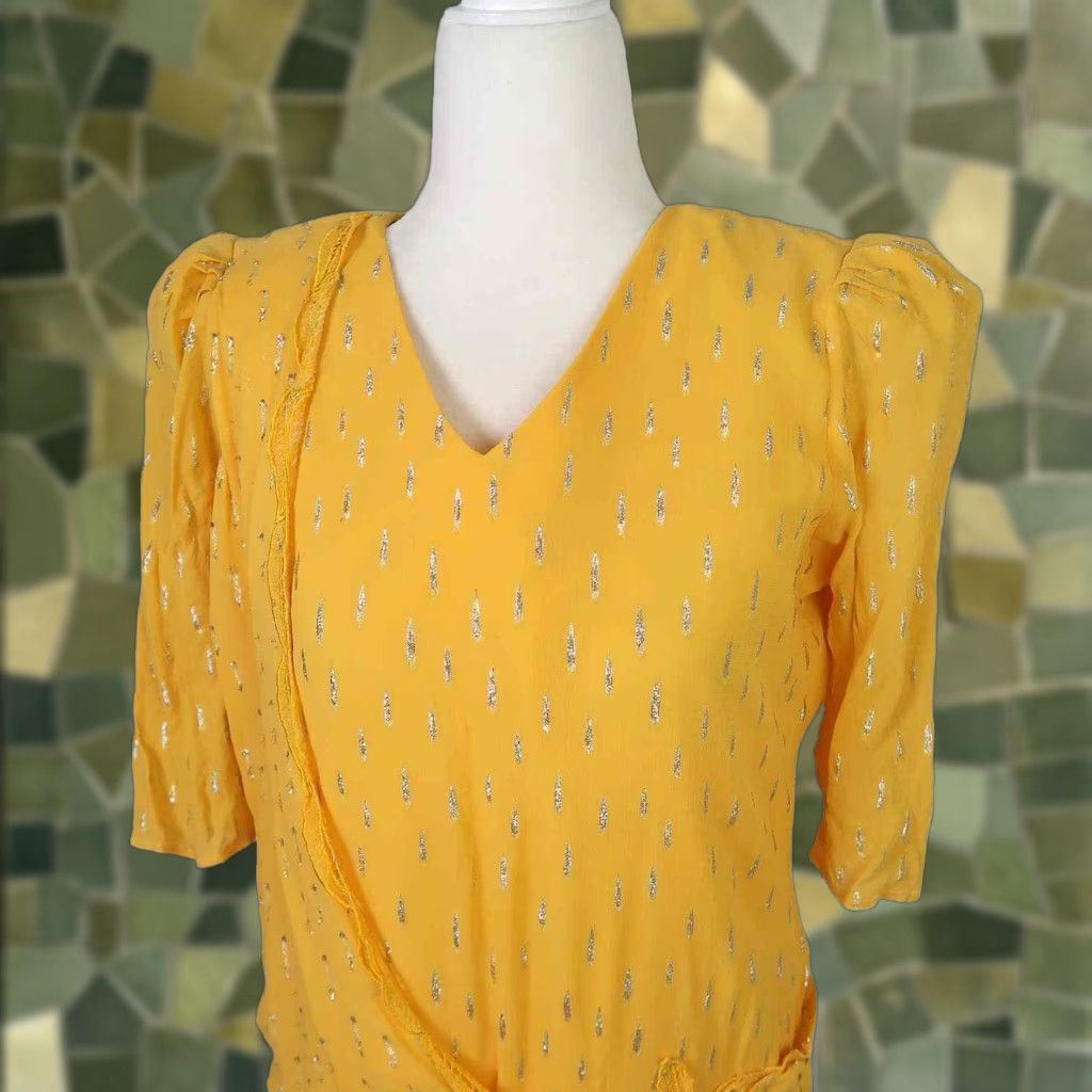 Vintage VINTAGE 80s Yellow Silk Metallic Silver Midi Party Dress Women's M Cocktail Eveningwear Size M / US 6-8 / IT 42-44 - 1 Thumbnail