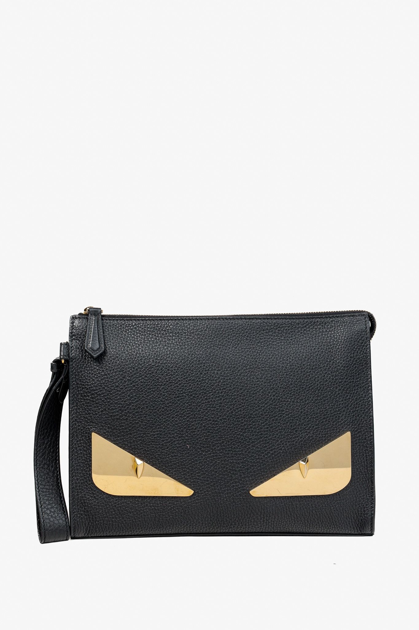 Fendi Monster Black Pebbled Leather Large Clutch