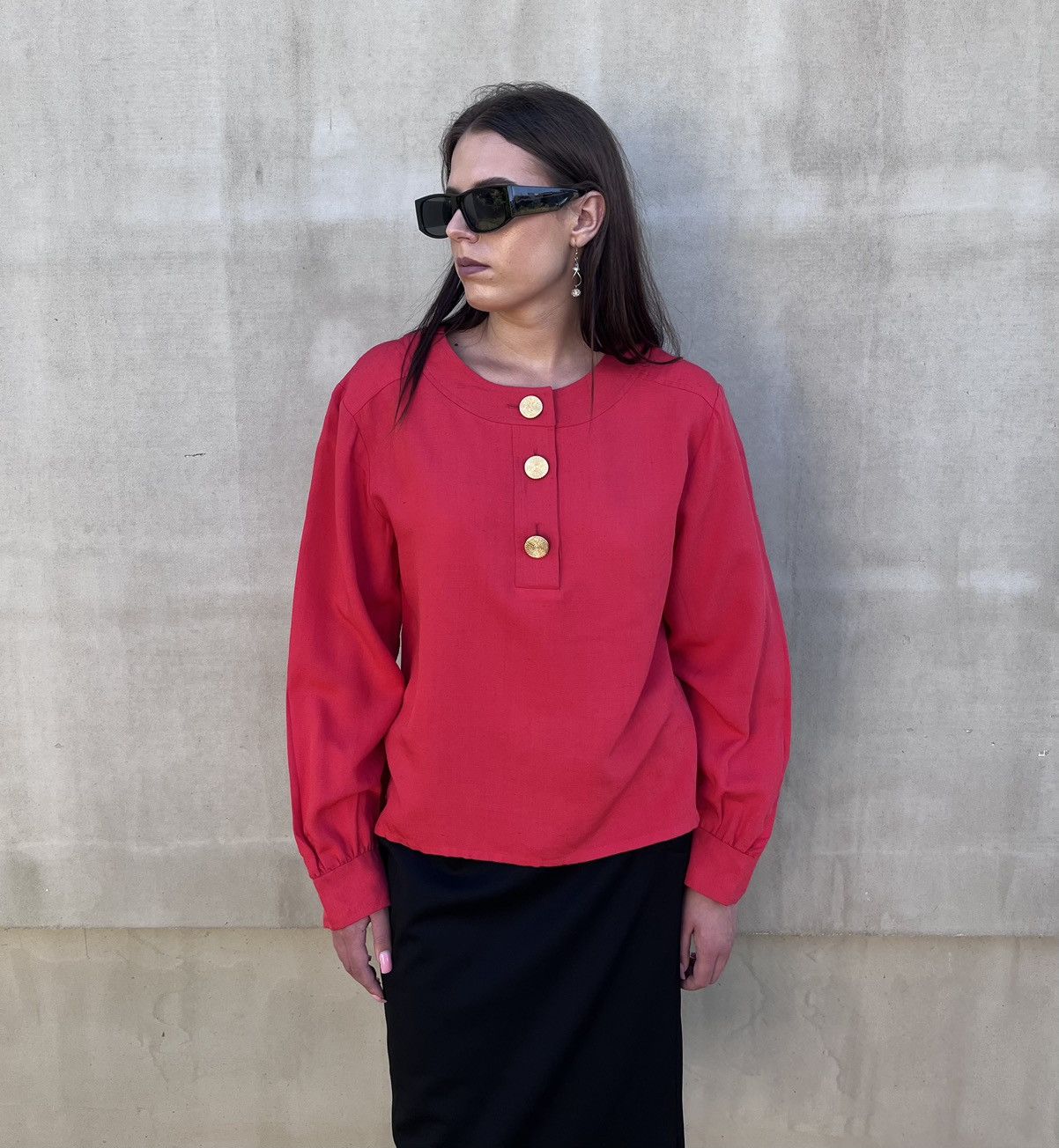 Yves Saint Laurent YSL Variation Red Silk Linen Blouse Gold Buttons Vintage F38 Size S / US 4 / IT 40 - 2 Thumbnail