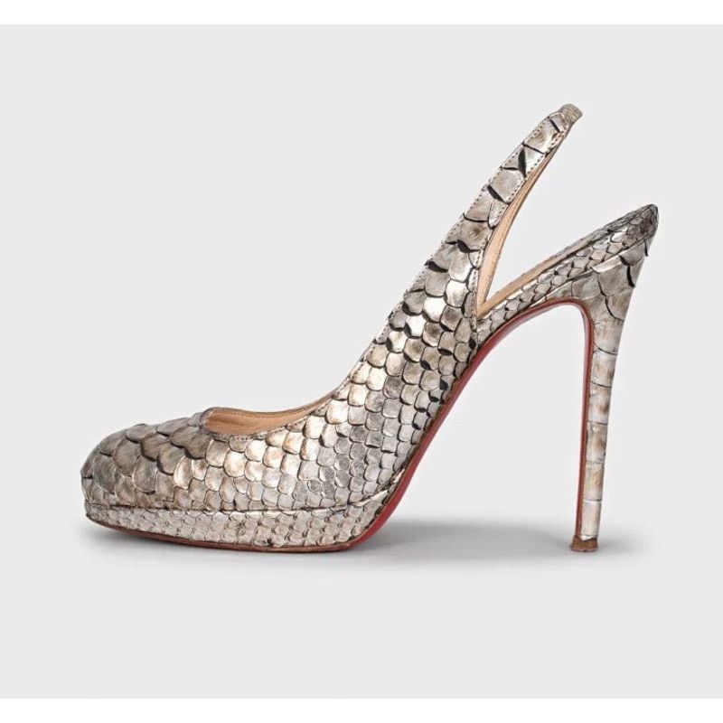 Christian Louboutin Christian Louboutin Silver Snakeskin Slingback Heels Sz.37 Size US 6 / IT 36 - 1 Thumbnail