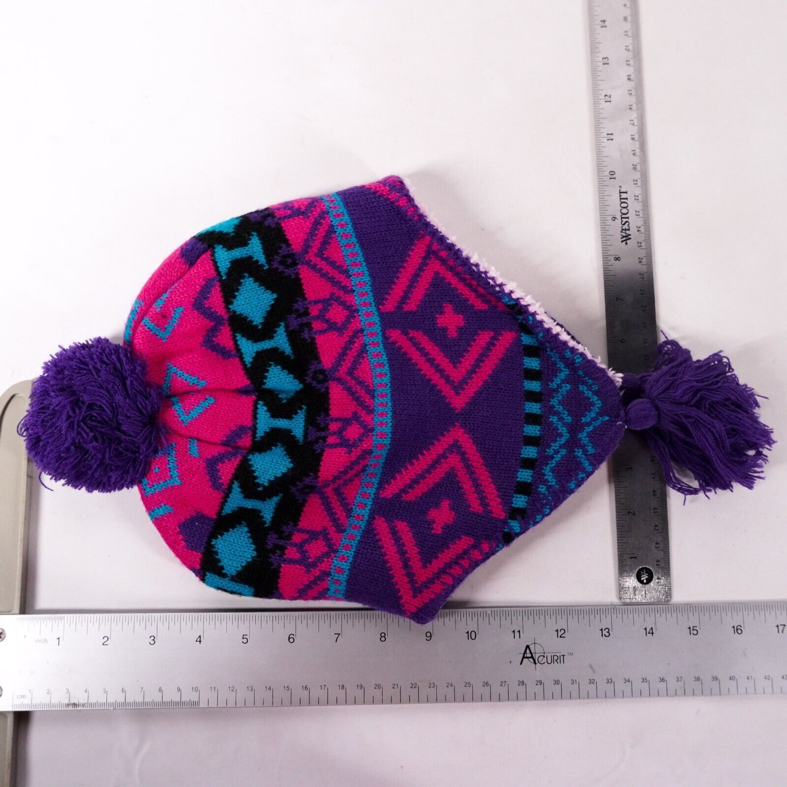 Pink Mosaic Fuzzy Knitted Beanie Cap Outdoor Winter Hat Pink Size ONE SIZE - 8 Thumbnail