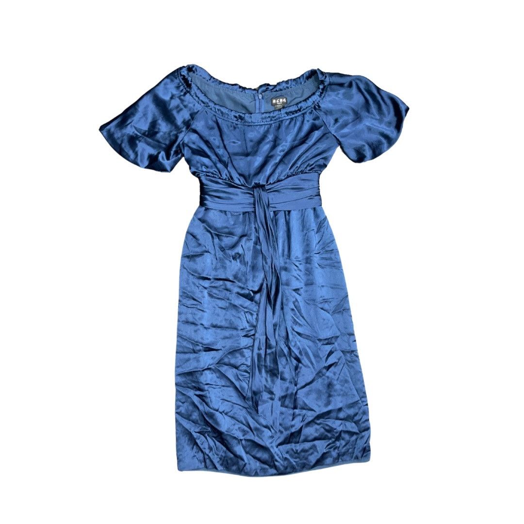 BCBGeneration Navy Blue Satin Dress cinched waist midi formal evening wear Size XS / US 0-2 / IT 36-38 - 1 Thumbnail