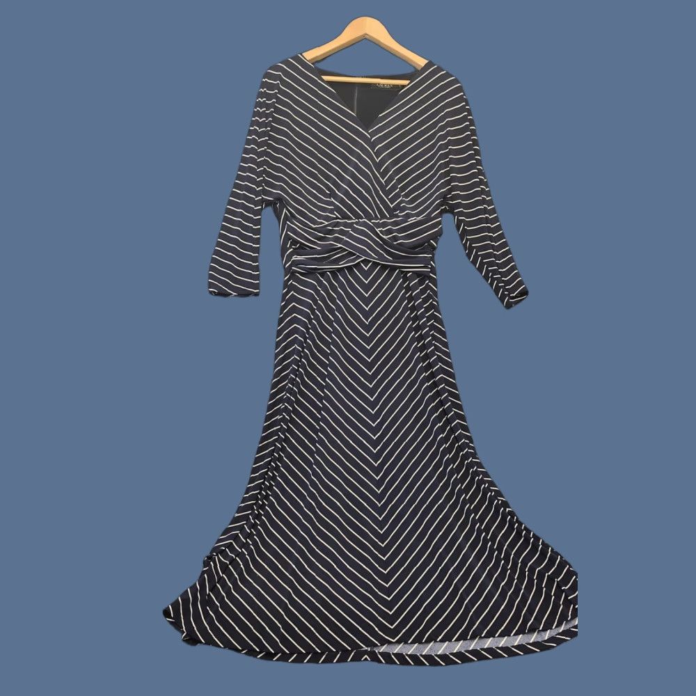 Ralph Lauren Lauren Ralph Lauren Dress Womens 10 Blue Stripe Maxi Jersey Faux Wrap V Neck Size L / US 10 / IT 46 - 1 Thumbnail