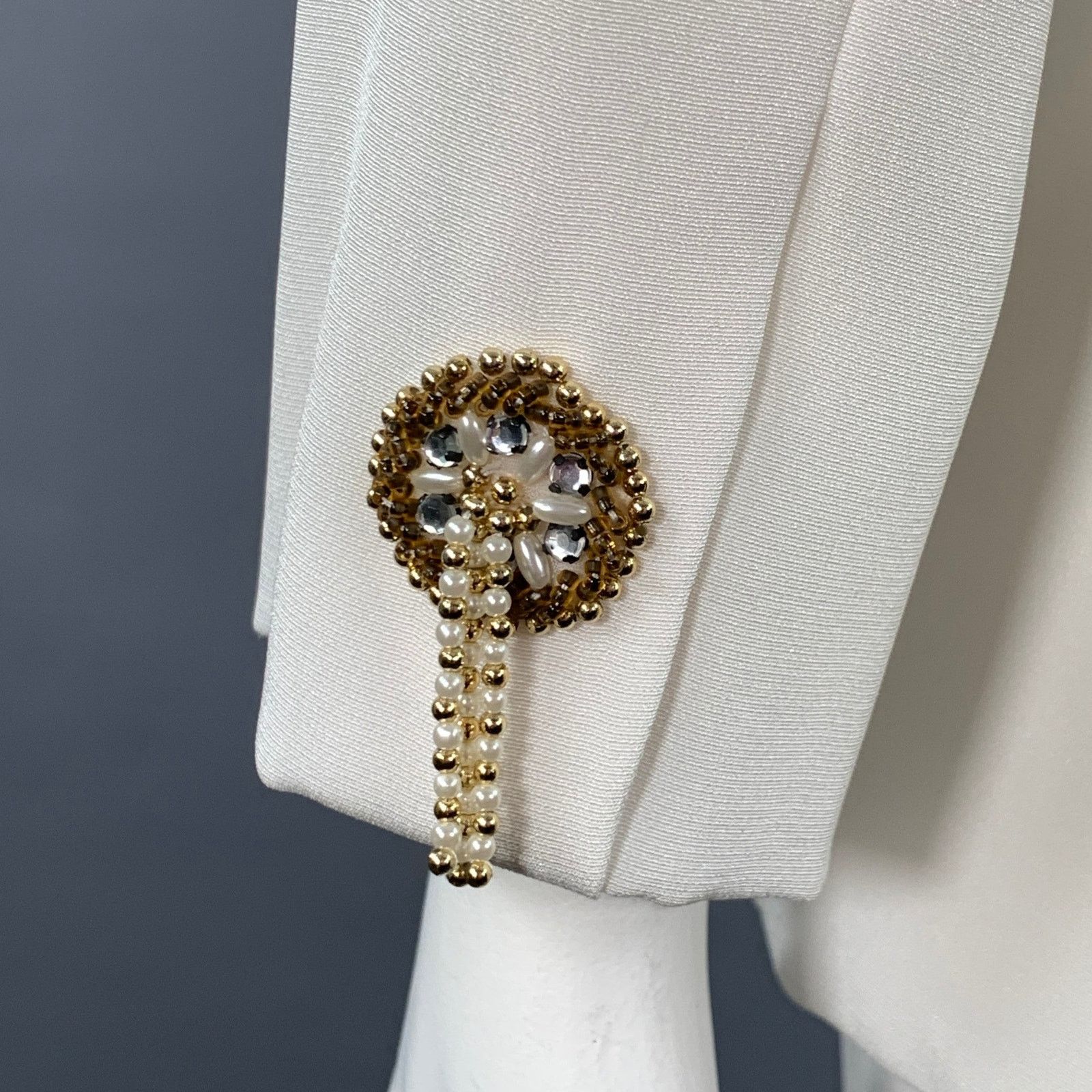 Other 12 Cream Polyester Beaded Shawl Collar Jacket Blazer Size XL / US 12-14 / IT 48-50 - 5 Thumbnail