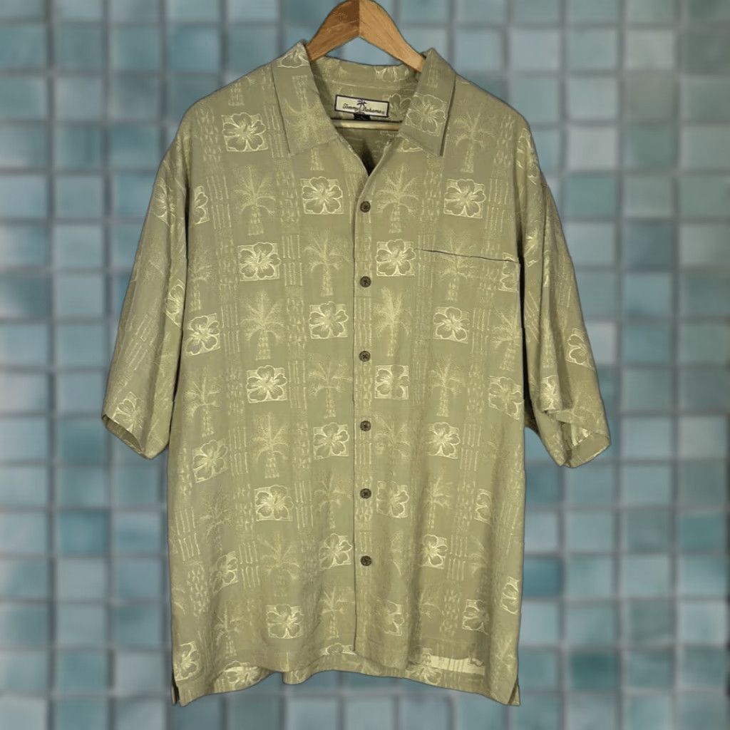Tommy Bahama Shirt Mens Silk Hawaiian Short Sleeve Button-Down L Gold Cream Palm Tree 90s?