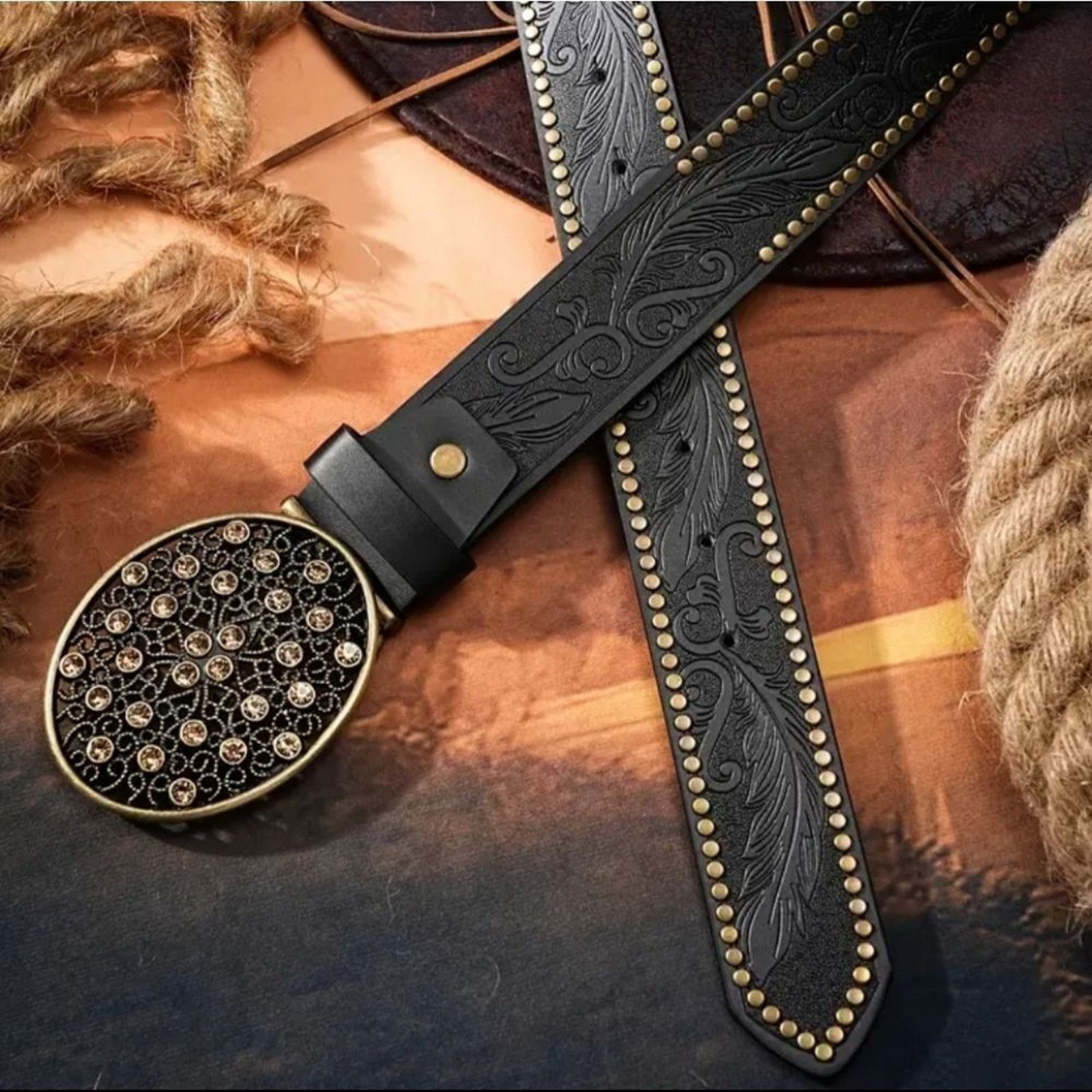 Other Vegan Black Leather Belt Western Style Embossed Pattern Size ONE SIZE - 2 Thumbnail
