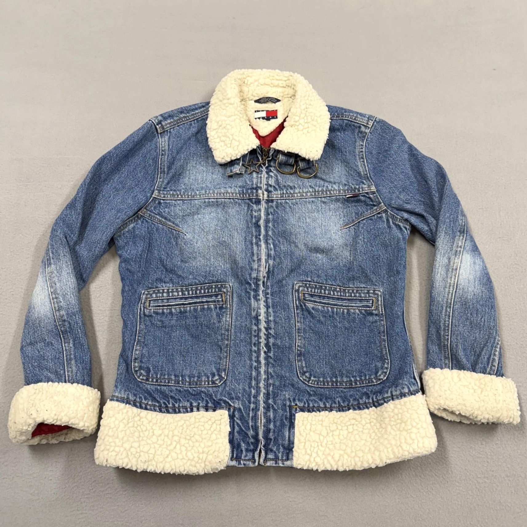 Denime Tommy Jeans Jacket Womens Large Blue Denim Sherpa Lined Full Zip Cozy Warm Size 36" / US 14 / IT 50 - 2 Thumbnail