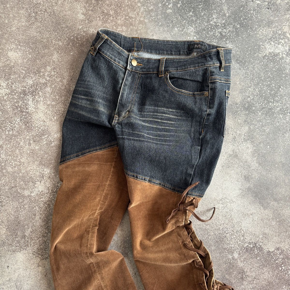 If Six Was Nine Avant-Garde Two-Tone Corduroy Hybrid Flare Lace Up Pants Size 27" / US 4 / IT 40 - 15 Thumbnail