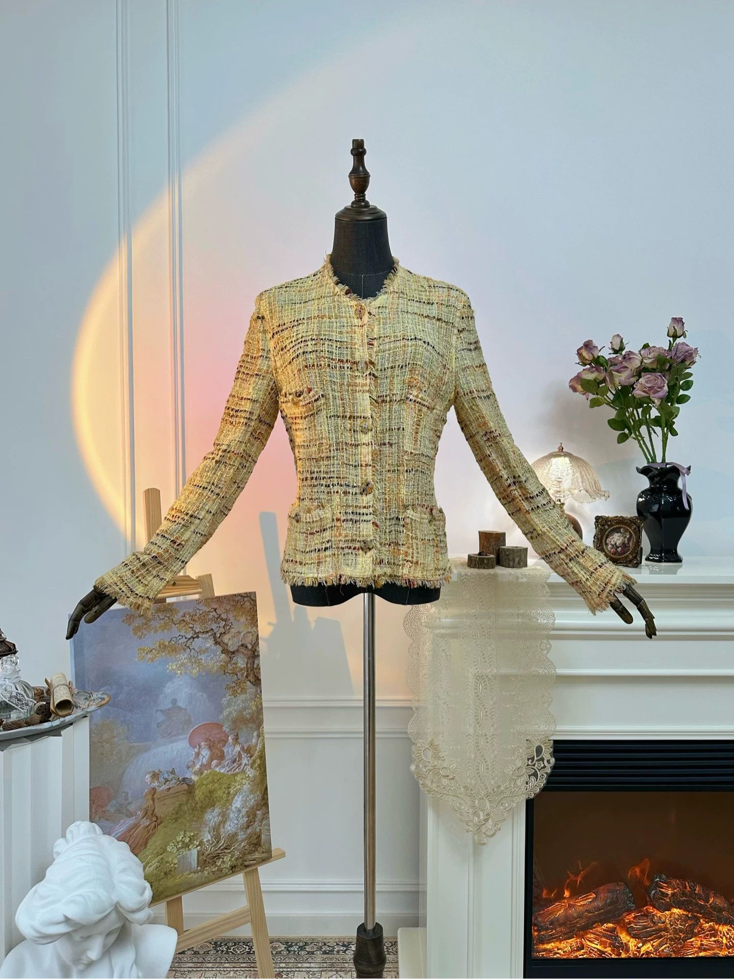 Chanel Chanel tweed fringe raw edge jacket women's sunset yellow Size M / US 6-8 / IT 42-44 - 2 Thumbnail