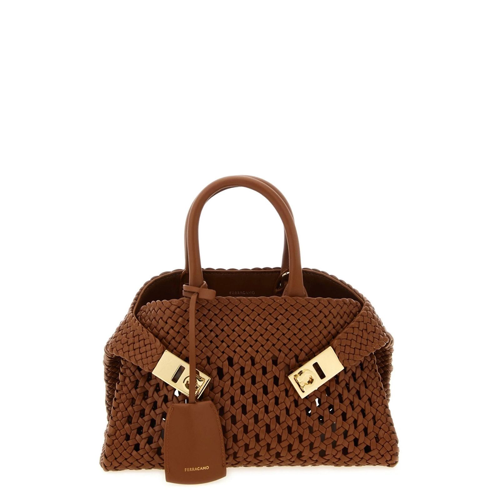 FERRAGAMO Mini Hug Brown Woven Leather Handbag New & Authent