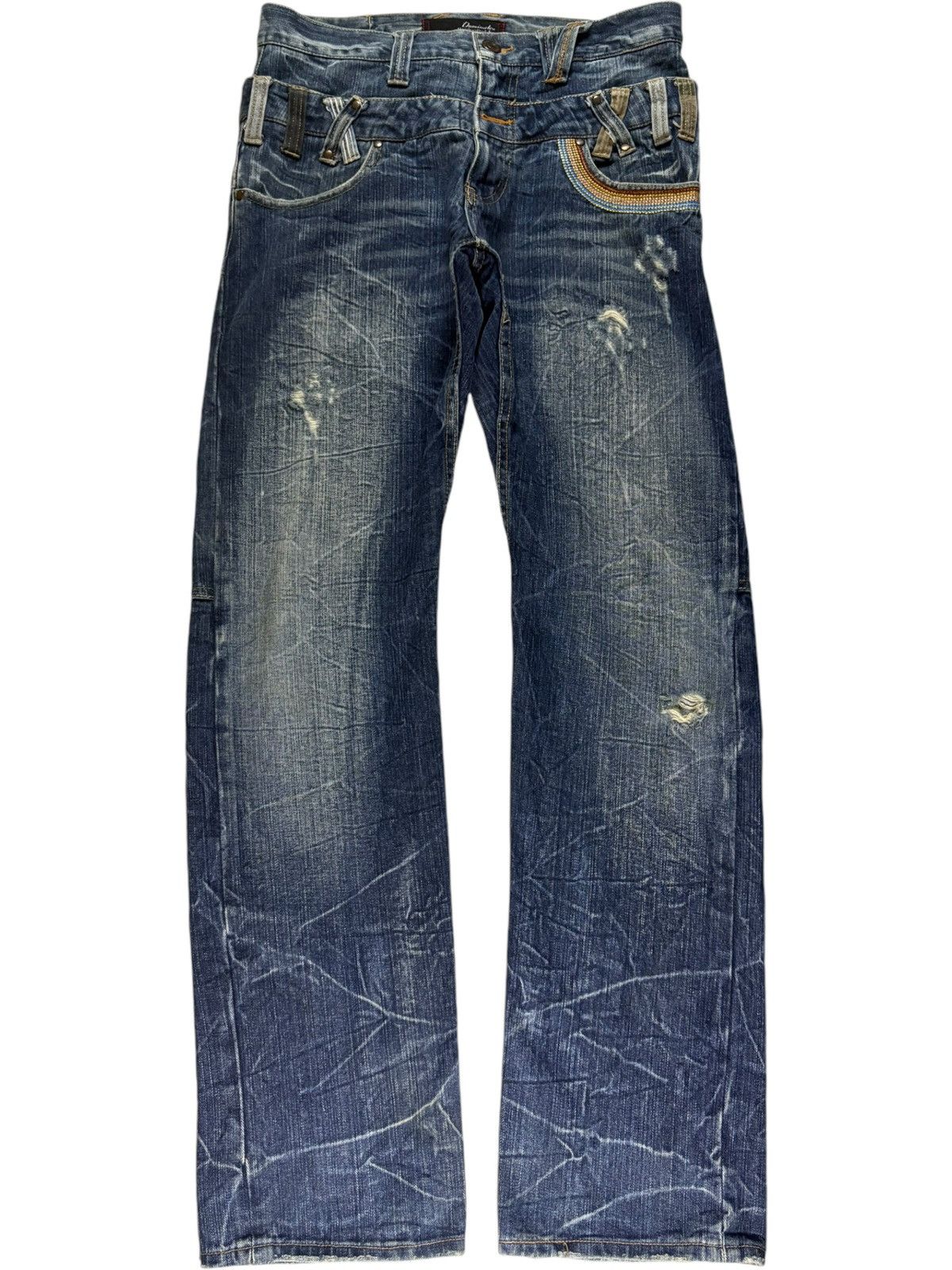 Japanese Brand Vintage Japanese Brand Double Waist Distressed Loose Jeans Size US 31 - 1 Thumbnail