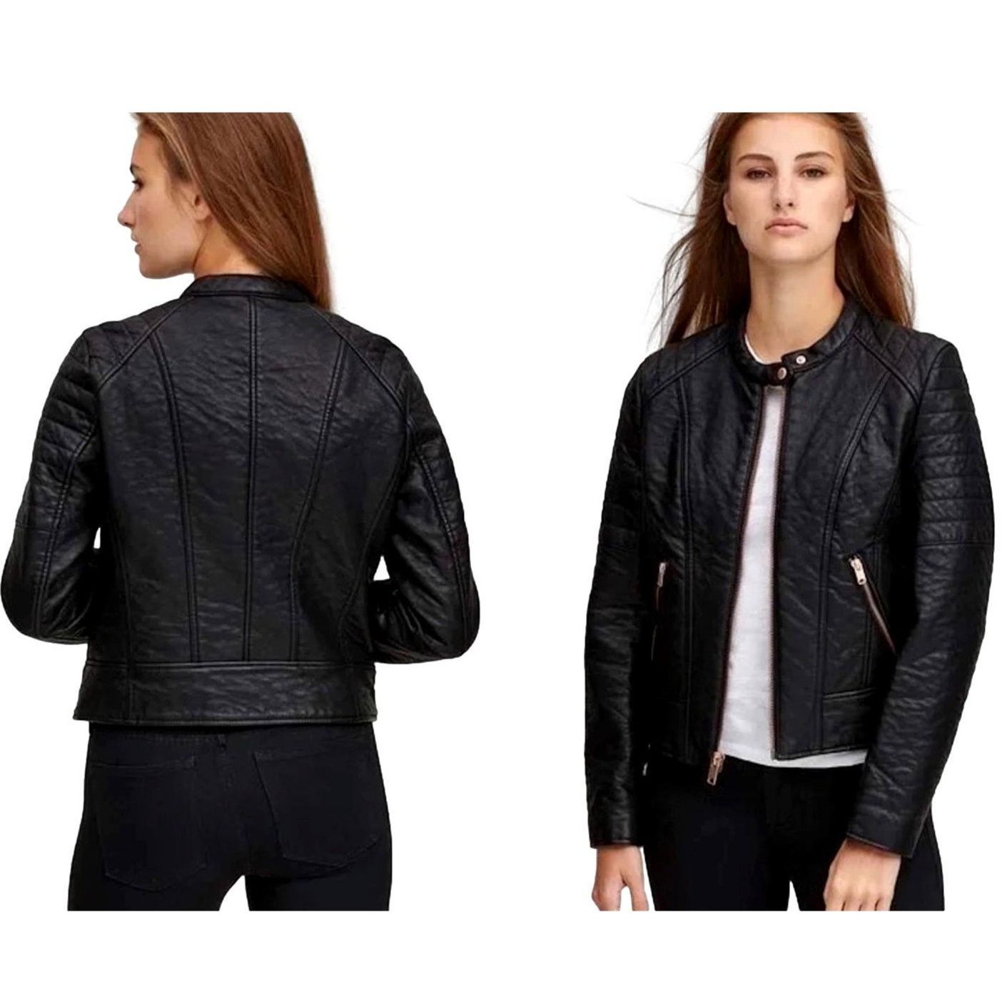 Andrew Marc Vegan Faux Leather Cafe Racer Motorcycle Biker Jacket Size L / US 10 / IT 46 - 1 Thumbnail