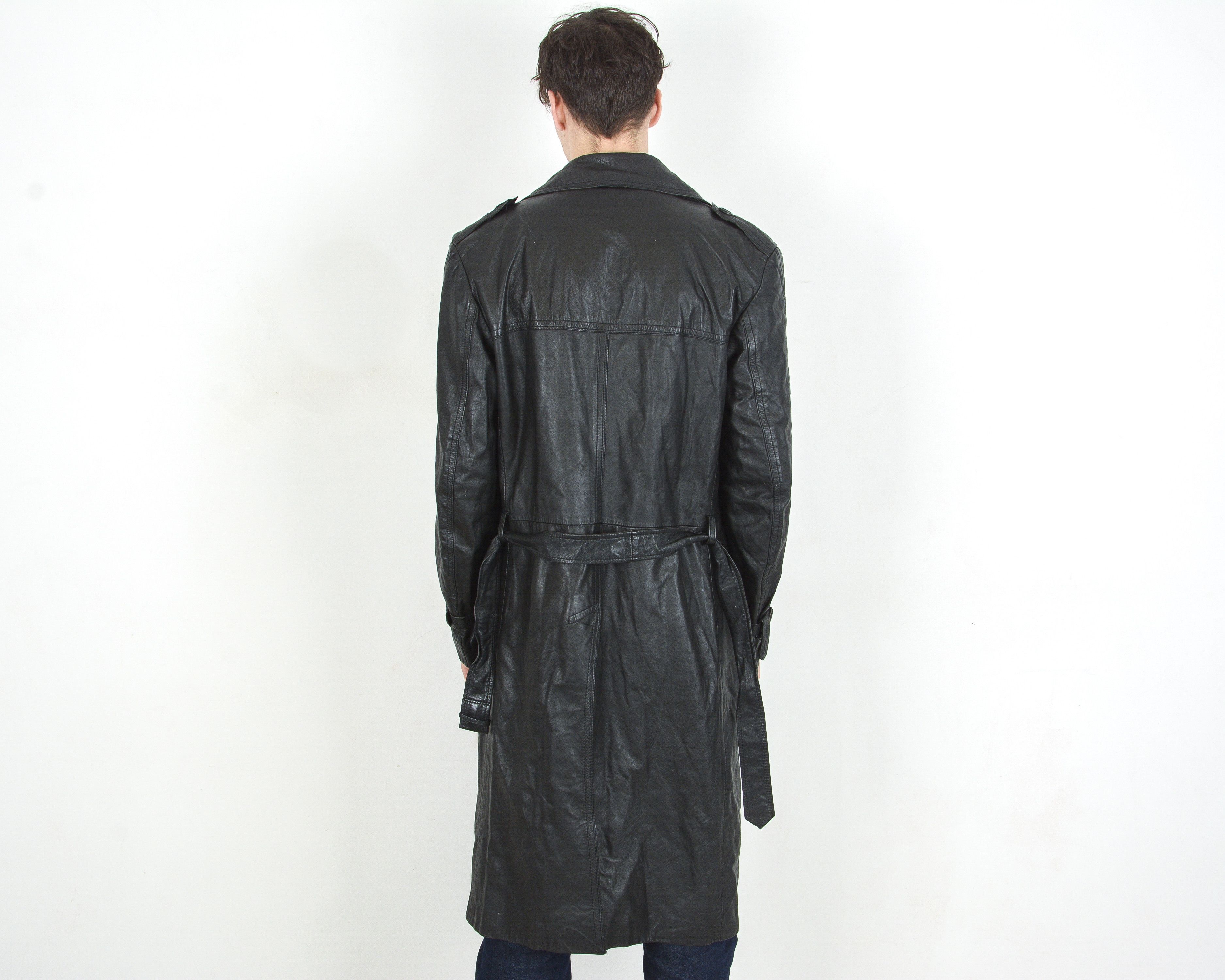 Band Tees × Vintage Leather Coat belted & insulated L Jacket Double breasted mac Size US L / EU 52-54 / 3 - 3 Thumbnail