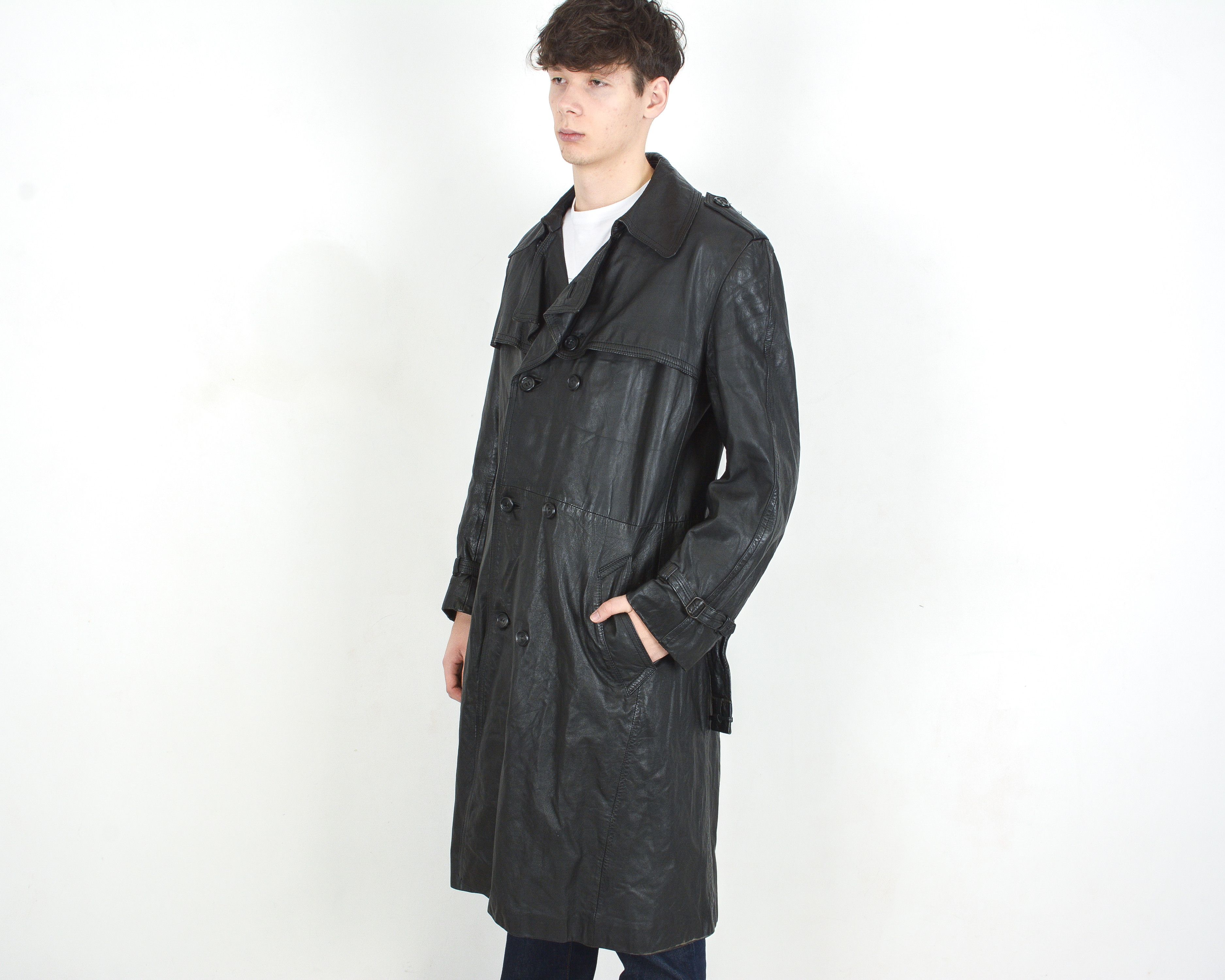 Band Tees × Vintage Leather Coat belted & insulated L Jacket Double breasted mac Size US L / EU 52-54 / 3 - 2 Thumbnail