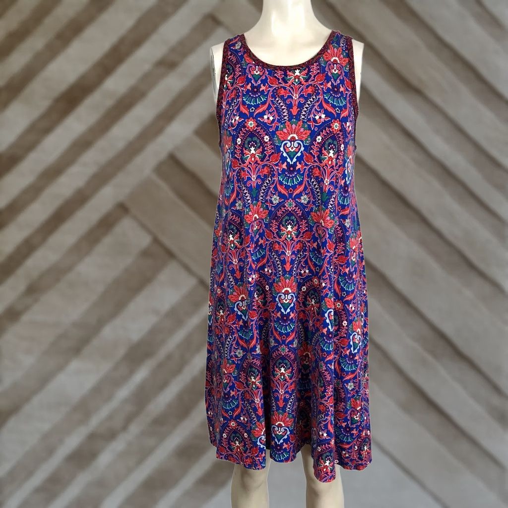 Loft LOFT Dress Sleeveless A-line Floral Print Round Neck Midi XS S Blue Red Womens Size S / US 4 / IT 40 - 1 Thumbnail