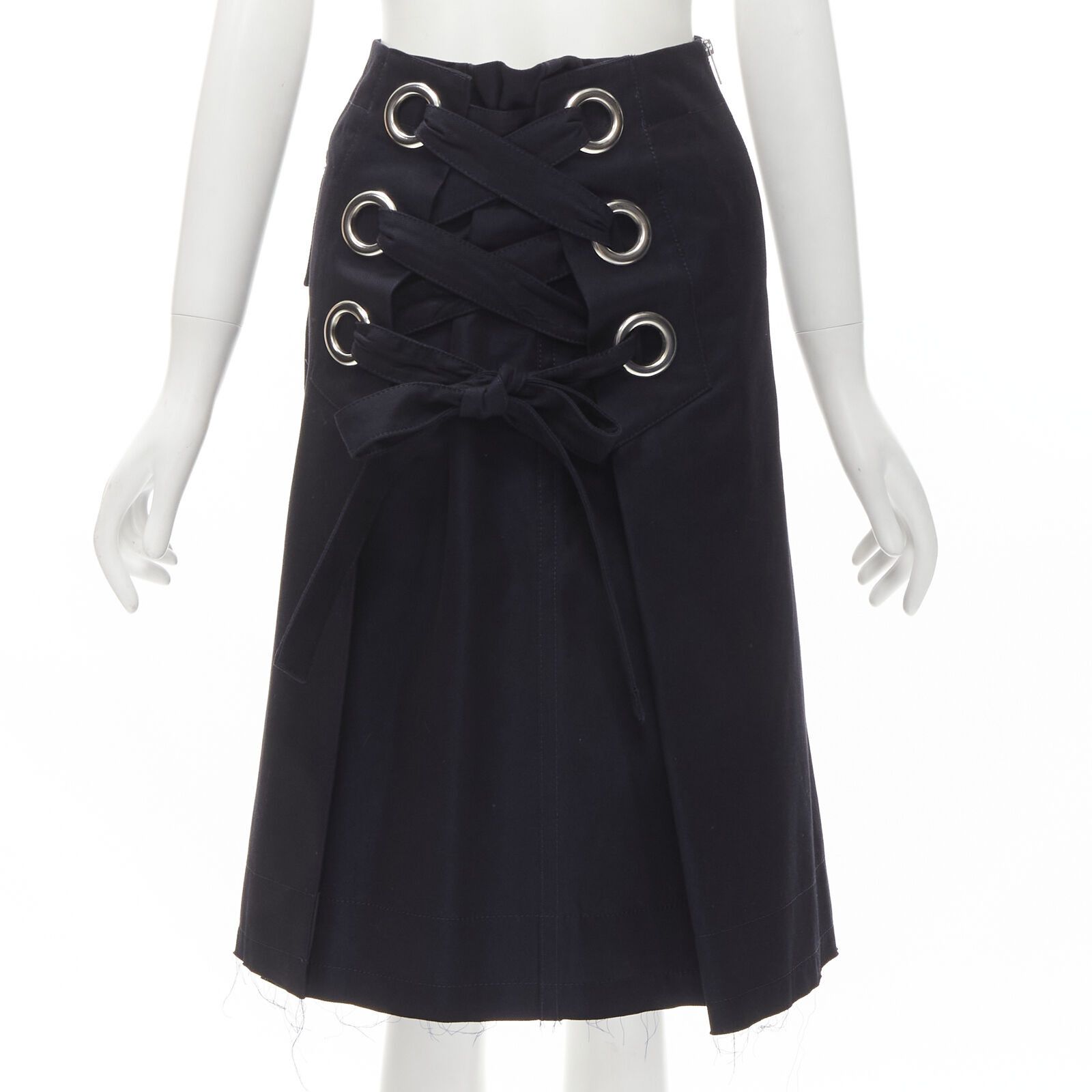 image of Sacai XL Silver Grommet Lace Front A-Line Skirt S in Navy, Women's (Size 26)