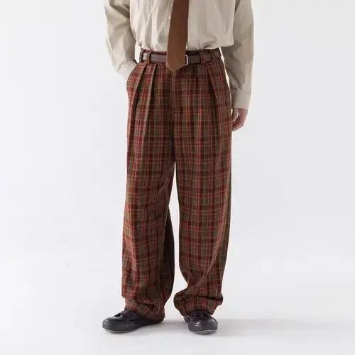 20AW Indigo Union Japan Red Green Checked Beaver Pants