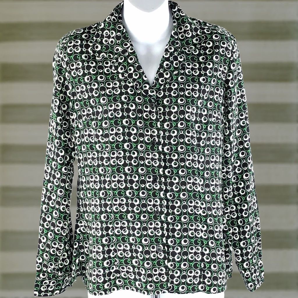 Element VINTAGE Elementz Button Up Top S Green Blk Geo Artsy Long Sleeve Career office secretary 90s Womens Size S / US 4 / IT 40 - 1 Thumbnail
