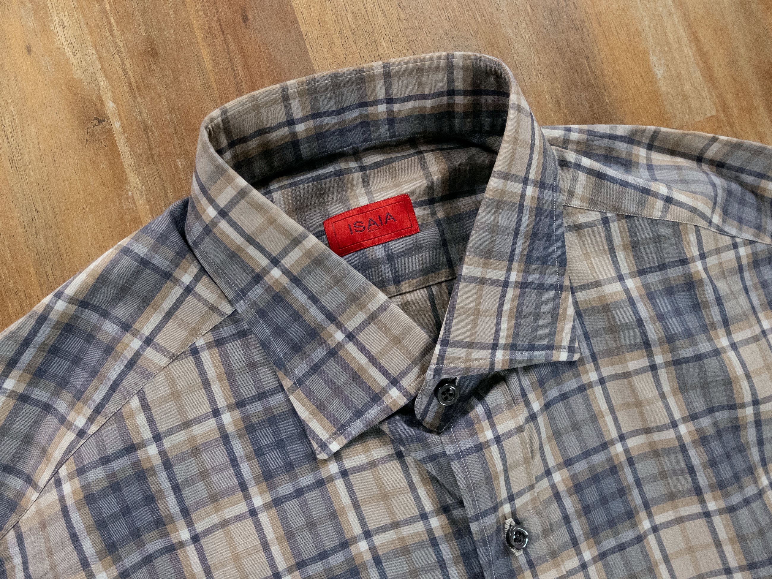 Isaia ISAIA Napoli gray beige plaid cotton dress shirt 40 / 15.75 Size US M / EU 48-50 / 2 - 2 Thumbnail