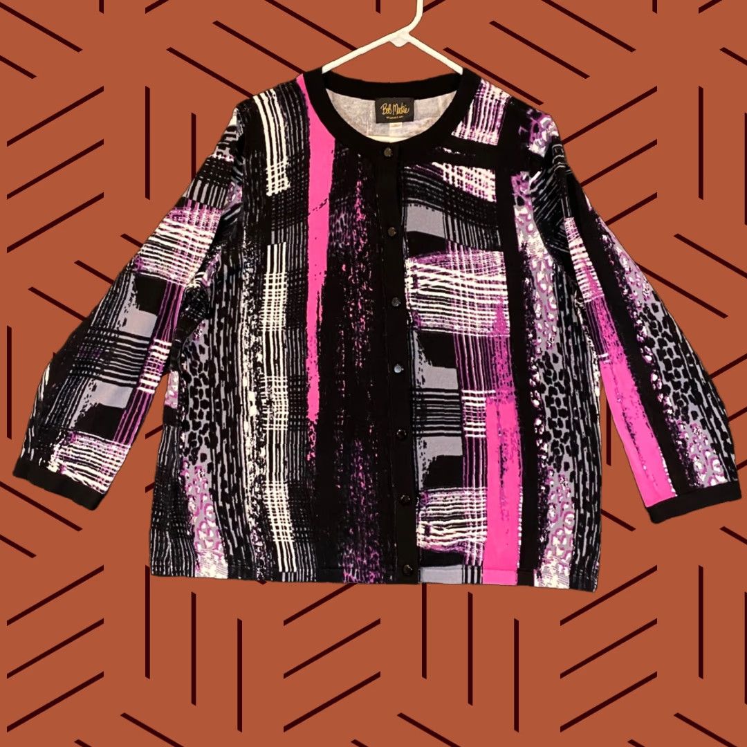 Bob Mackie VINTAGE Bob Mackie Women's Shirt XL Geometric Pattern Long Sleeve Casual Top Black Purple Size XL / US 12-14 / IT 48-50 - 1 Thumbnail
