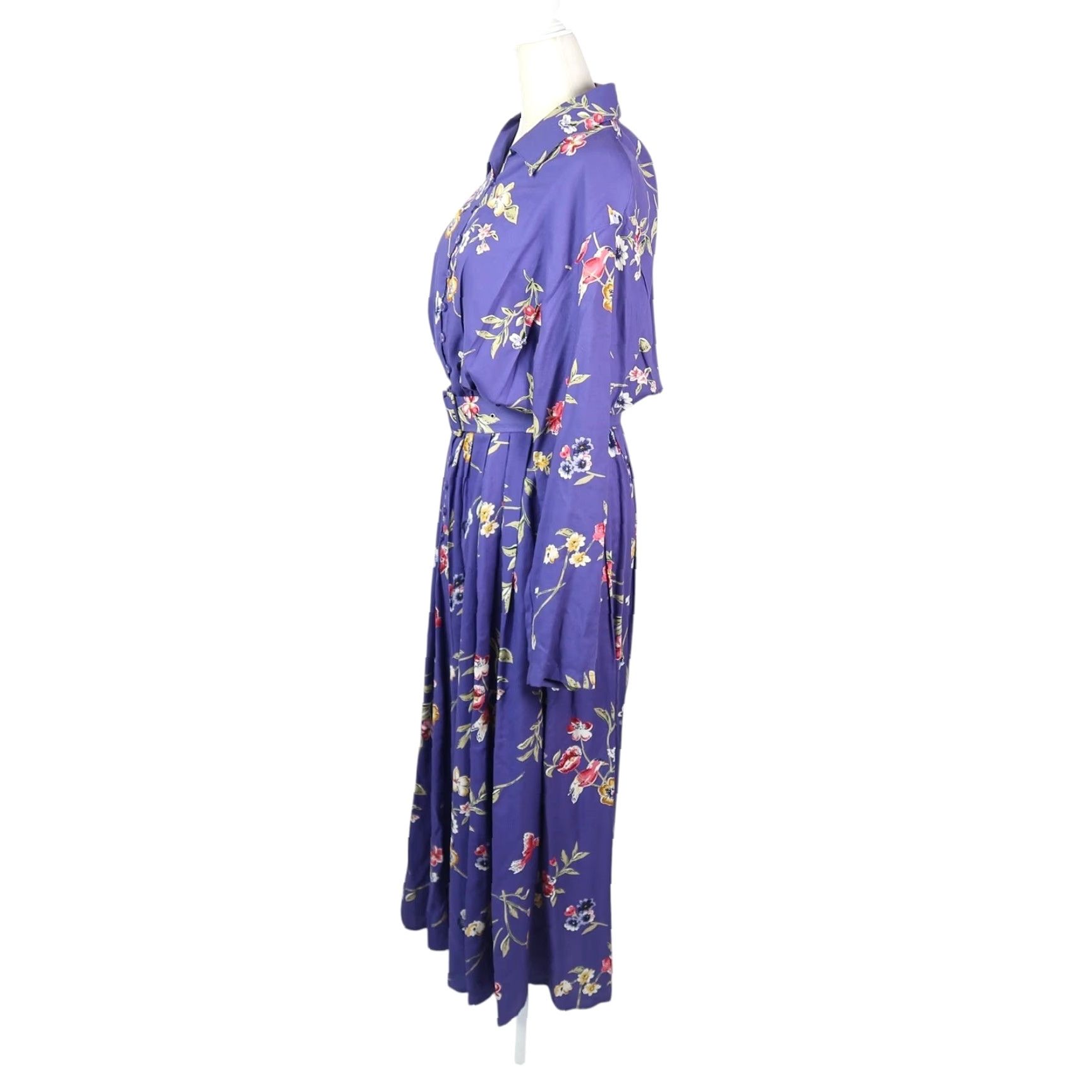 Vintage VINTAGE Together! Purple Floral Bird Print Maxi Shirt Dress 8 Ladies 90s 80s Long Sleeve Button Front Belt Workwear Casual Floral Size M / US 6-8 / IT 42-44 - 3 Thumbnail