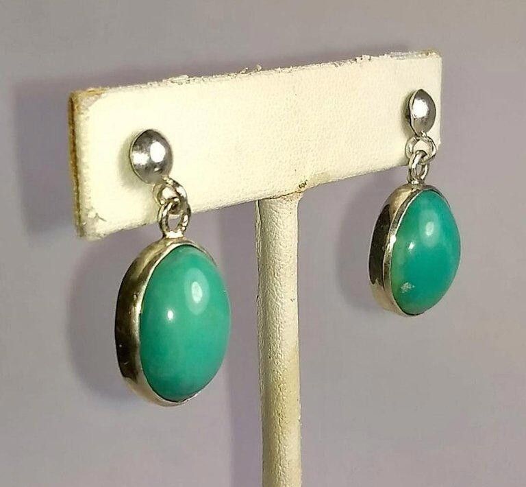 Designer Mexican Sterling Silver Turquoise Cabochon Dangle Earrings Size ONE SIZE - 6 Thumbnail