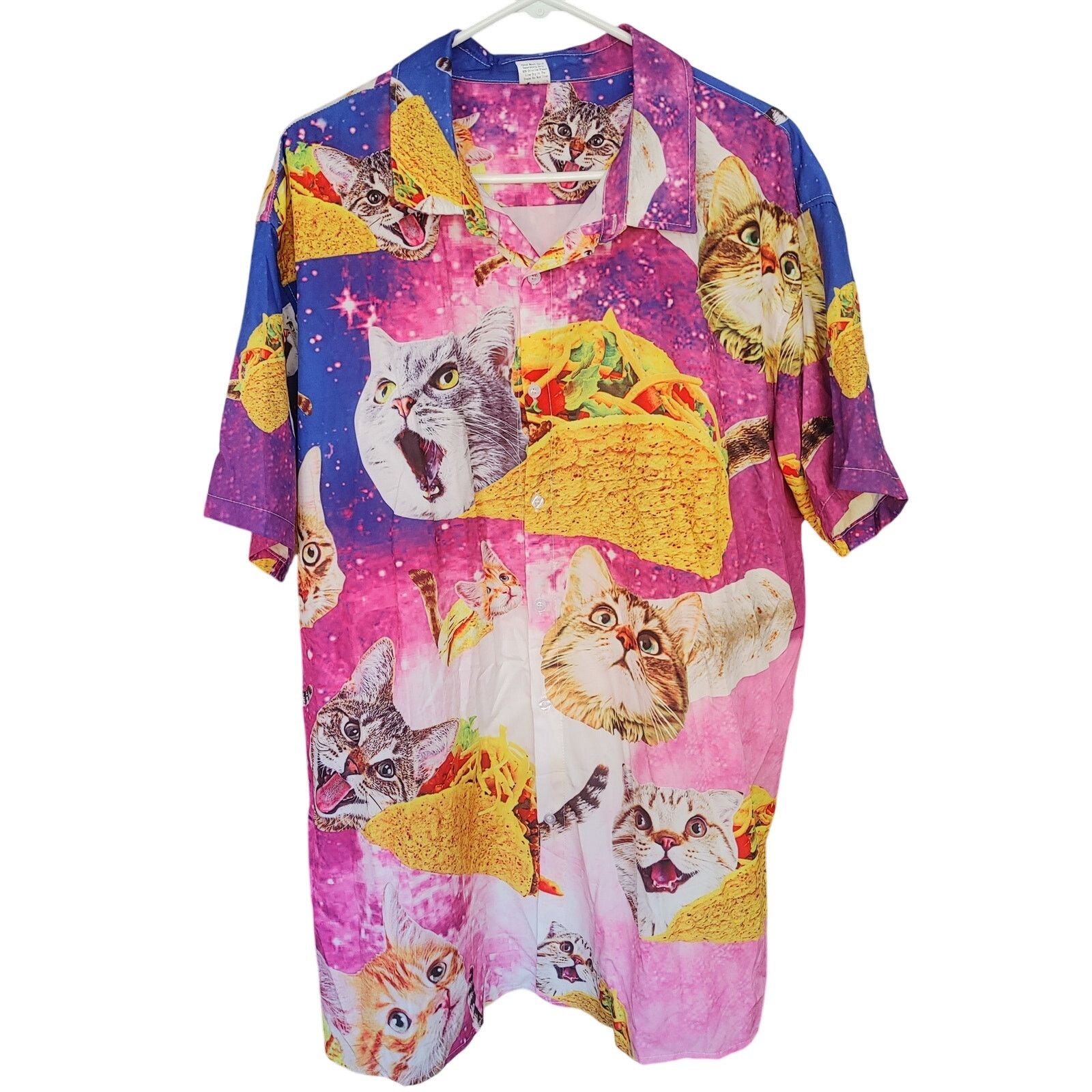 Other Novelty Taco Cat Mens Pink/Blue Bttn Dwn Hawaiian Shirt 3XL Size US XXL / EU 58 / 5 - 1 Thumbnail